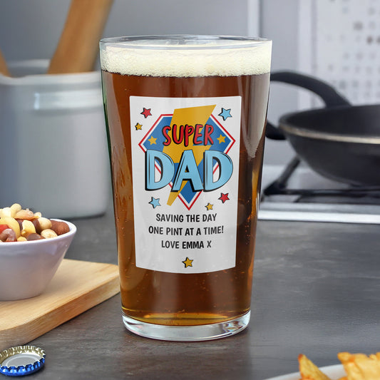 Personalised Super Dad Printed Beer Glass from Heartfelt Gifts