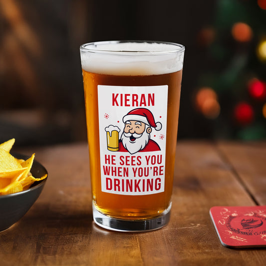 Personalised Santa Pun Christmas Beer Glass – Funny Christmas Gift for Him