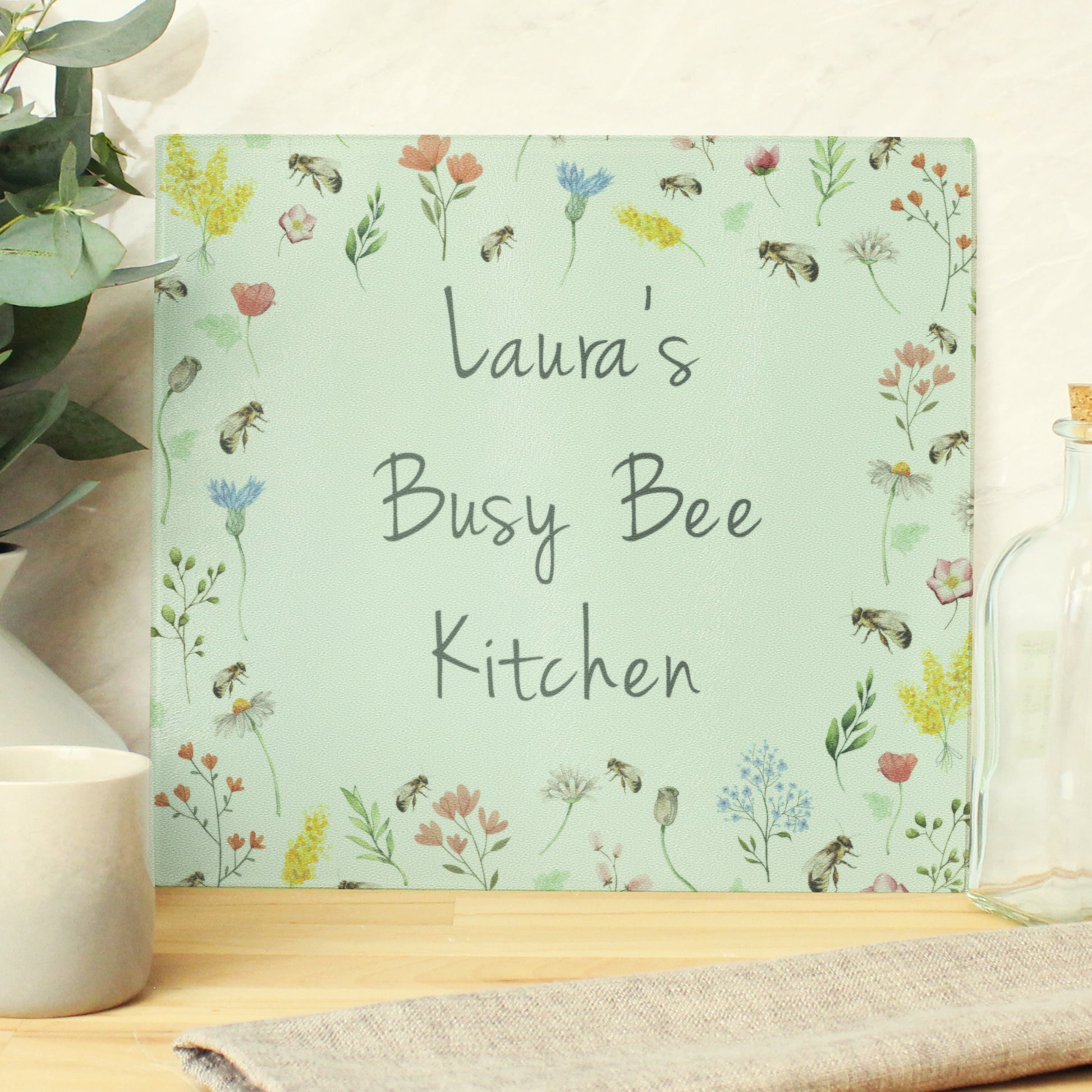 Personalised Busy Bee Glass Chopping Board/Worktop Saver from Heartfelt Gifts