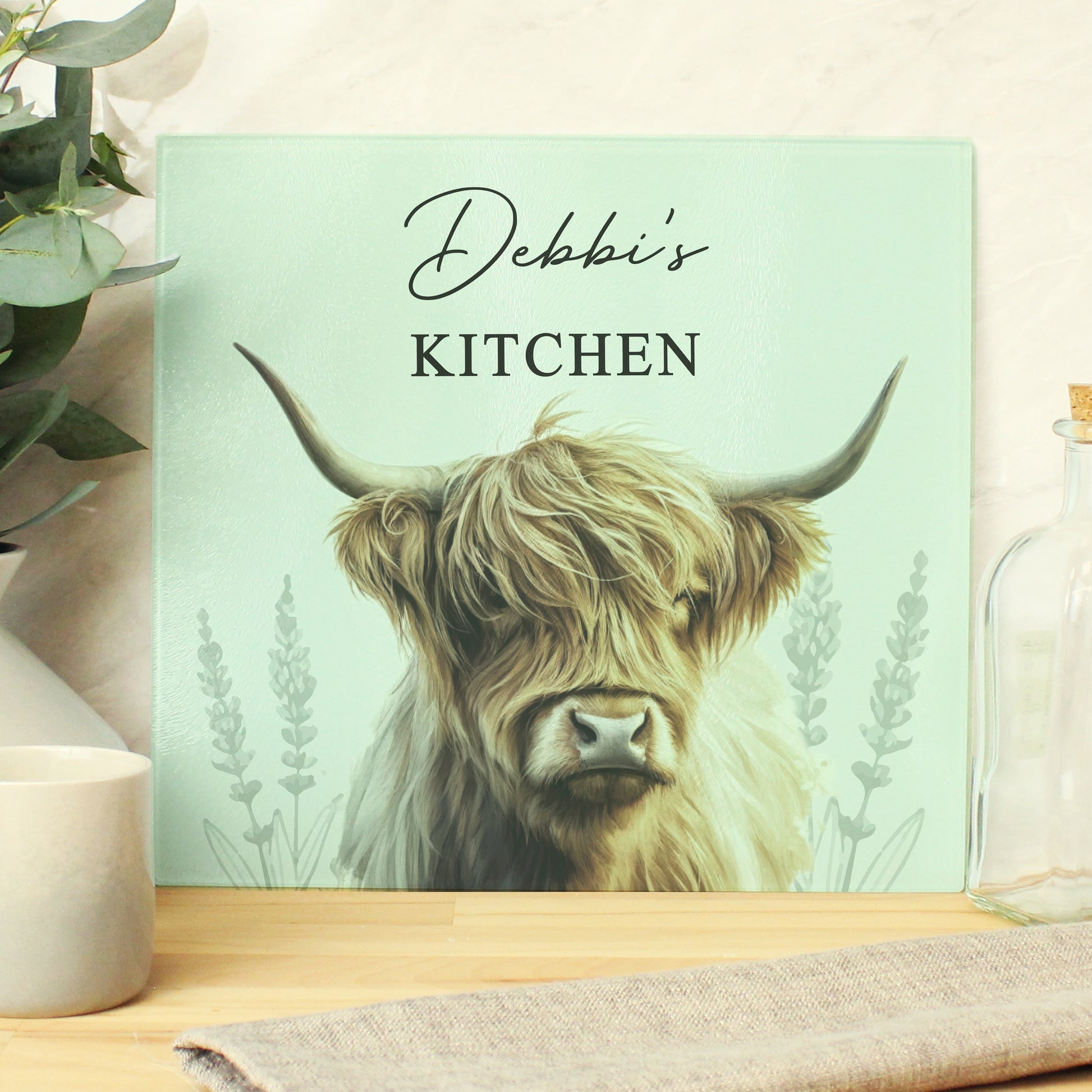 Personalised Highland Cow Glass Chopping Board from Heartfelt Gifts