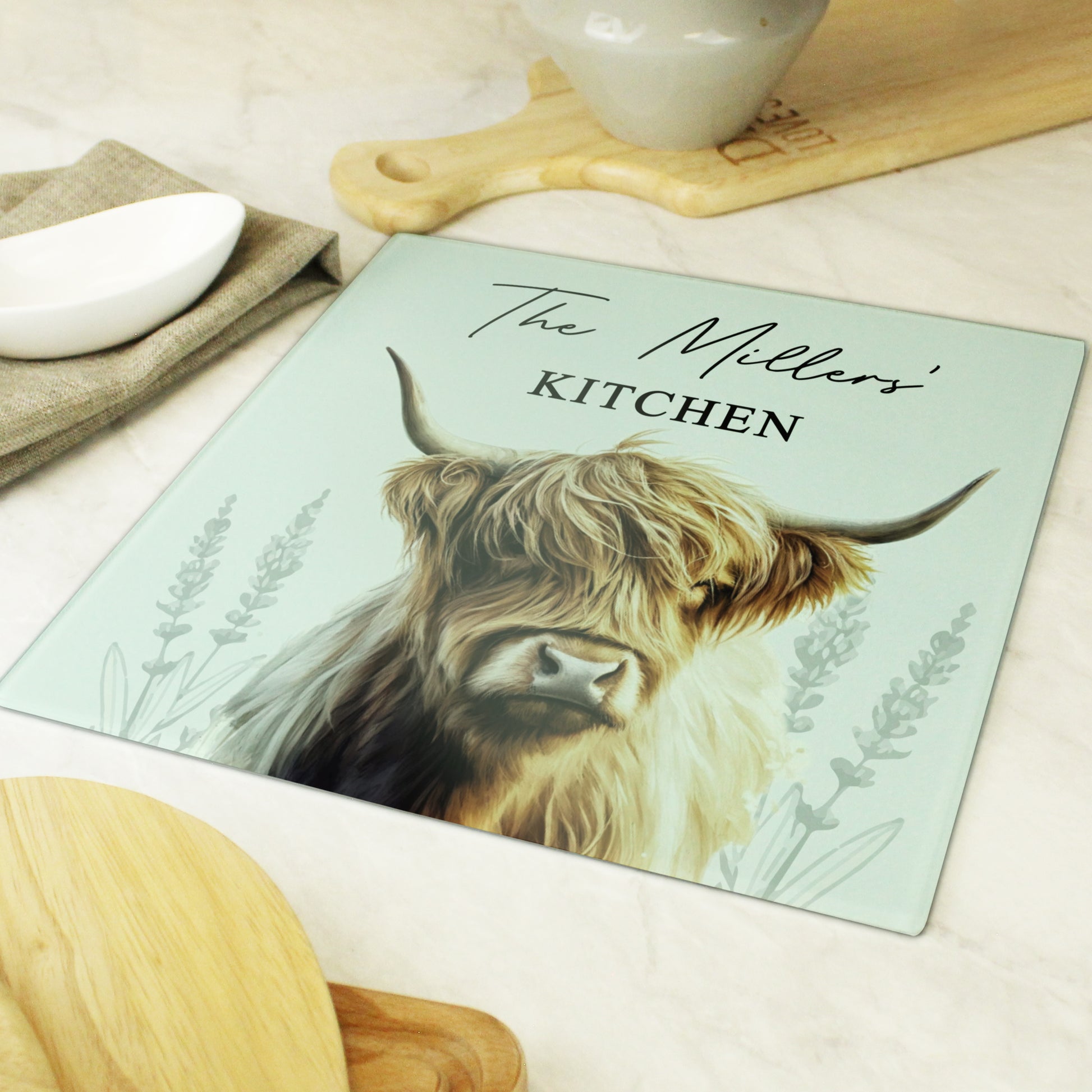 Personalised Highland Cow Glass Chopping Board - image 2