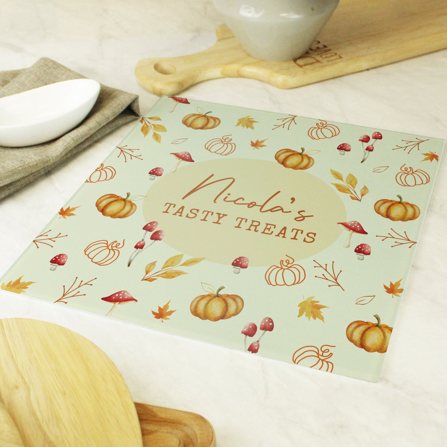 Personalised Pumpkin Glass Chopping Board – Autumn Kitchen Housewarming Gift