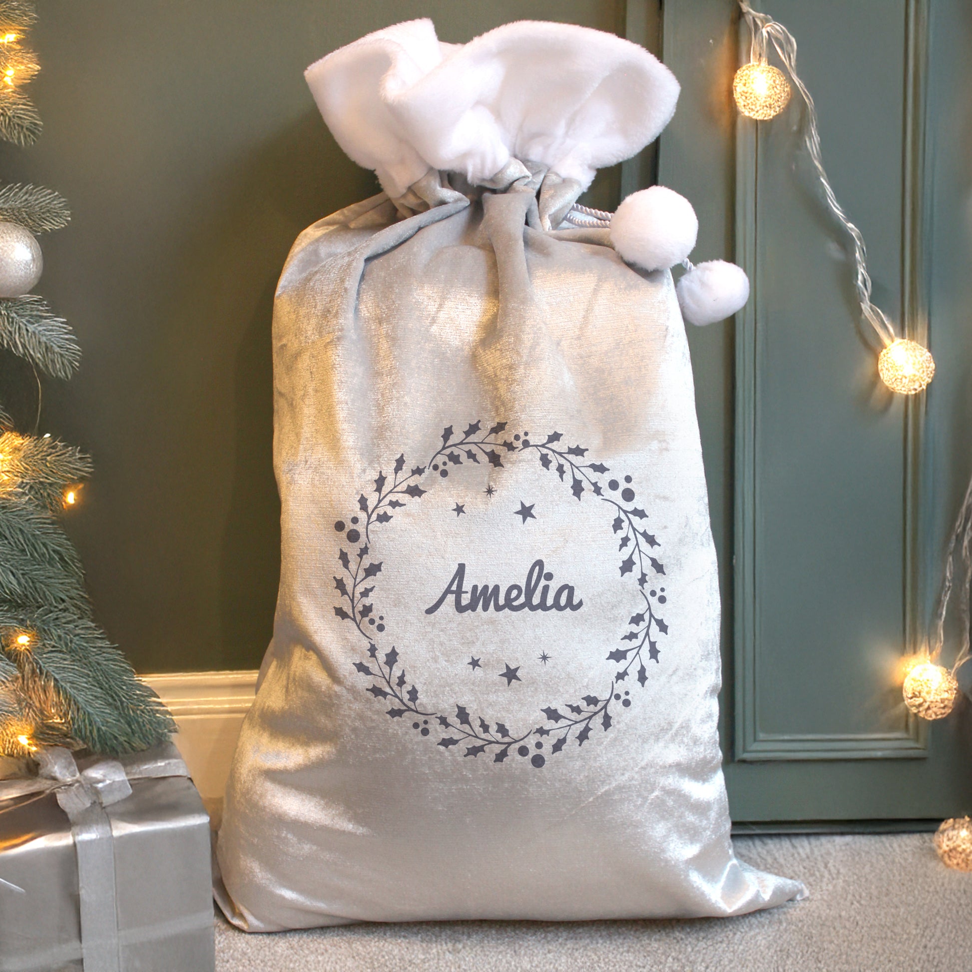 Personalised Holly Grey Christmas Sack from Heartfelt Gifts