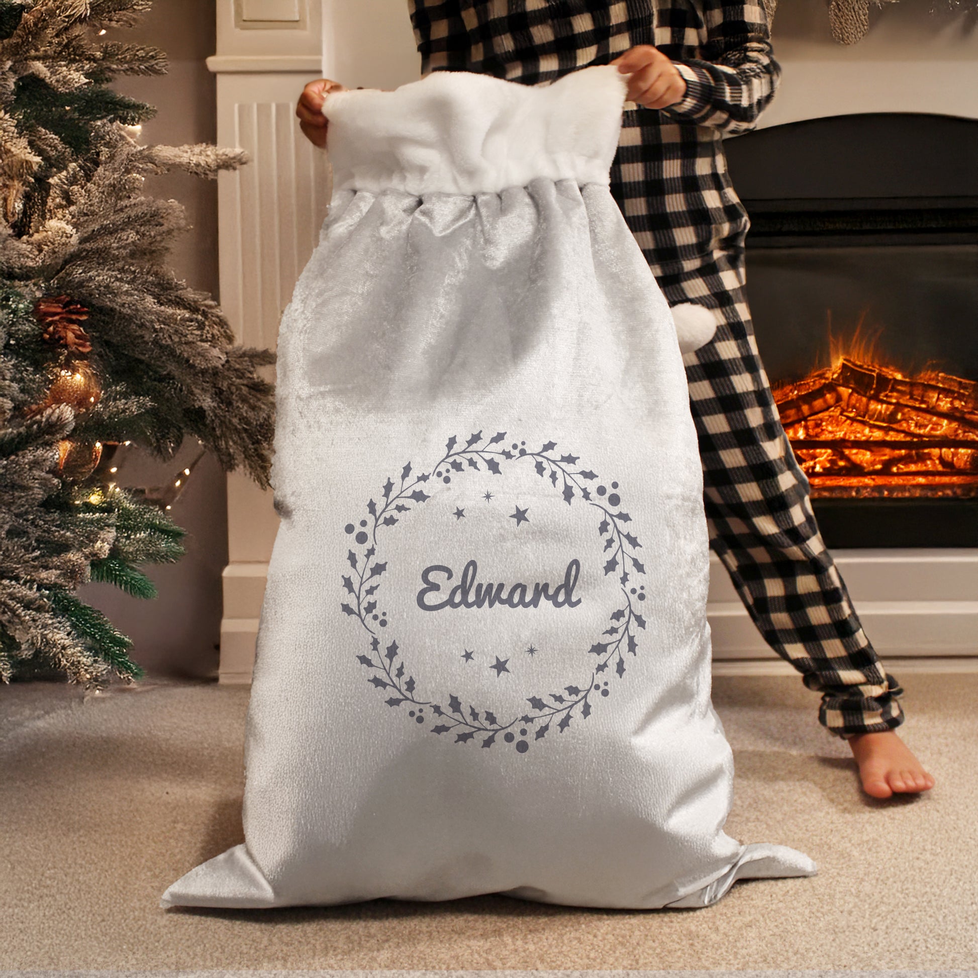 Personalised Holly Grey Christmas Sack - image 3