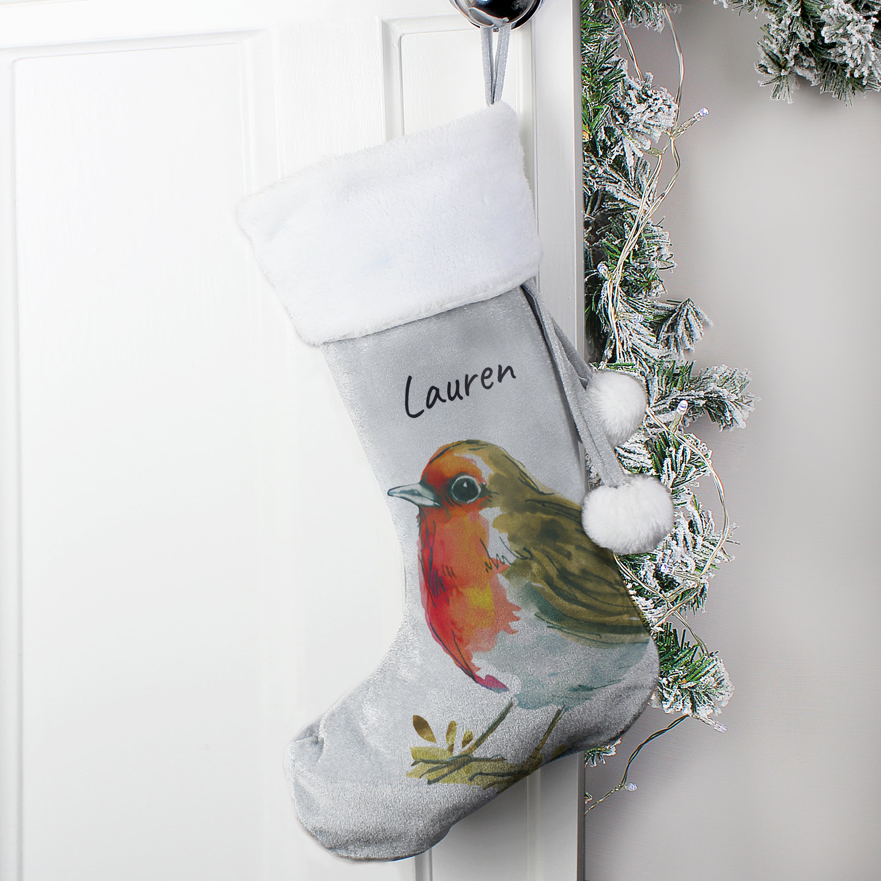 Personalised Robin Silver Grey Stocking from Heartfelt Gifts