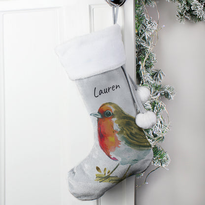 Personalised Robin Silver Grey Stocking from Heartfelt Gifts