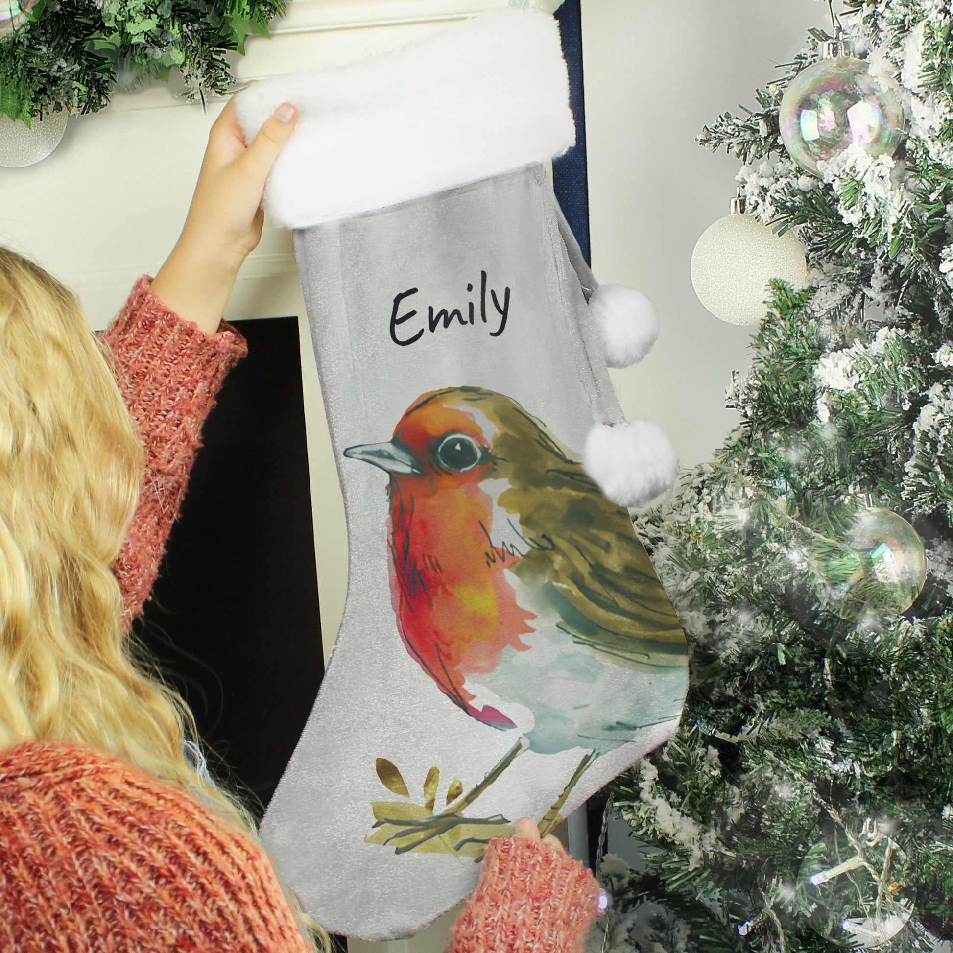 Personalised Robin Silver Grey Stocking - image 2