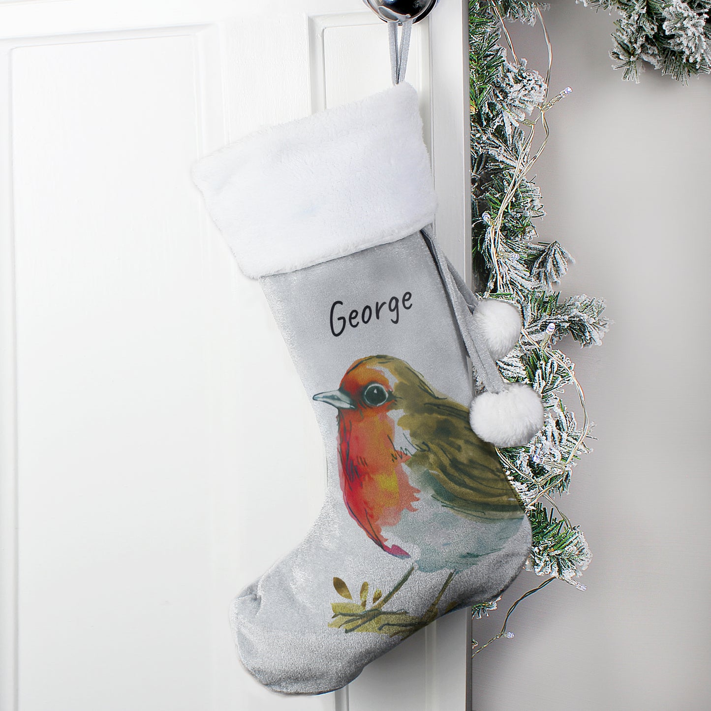 Personalised Robin Silver Grey Stocking - image 3