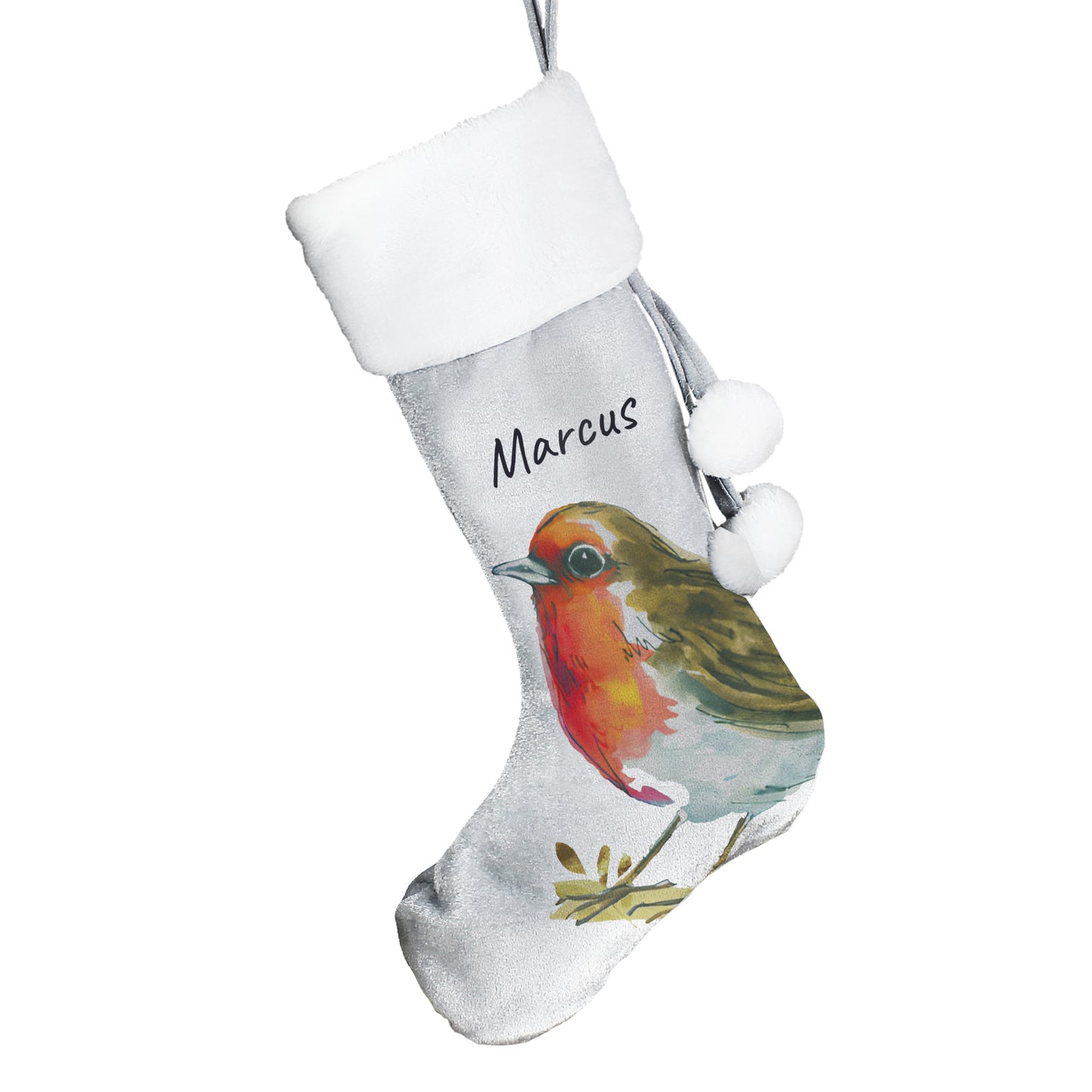 Personalised Robin Silver Grey Stocking - image 4
