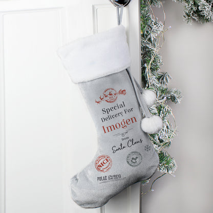 Personalised Special Delivery Silver Grey Stocking from Heartfelt Gifts