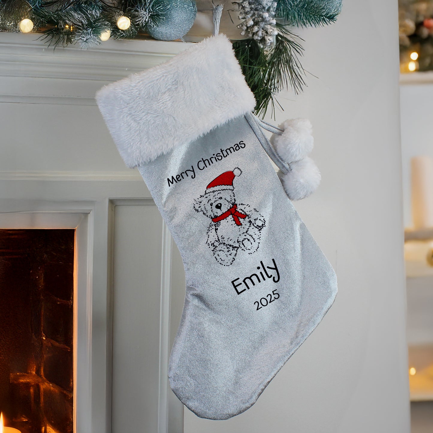 Personalised Christmas Teddy Silver Grey Stocking from Heartfelt Gifts