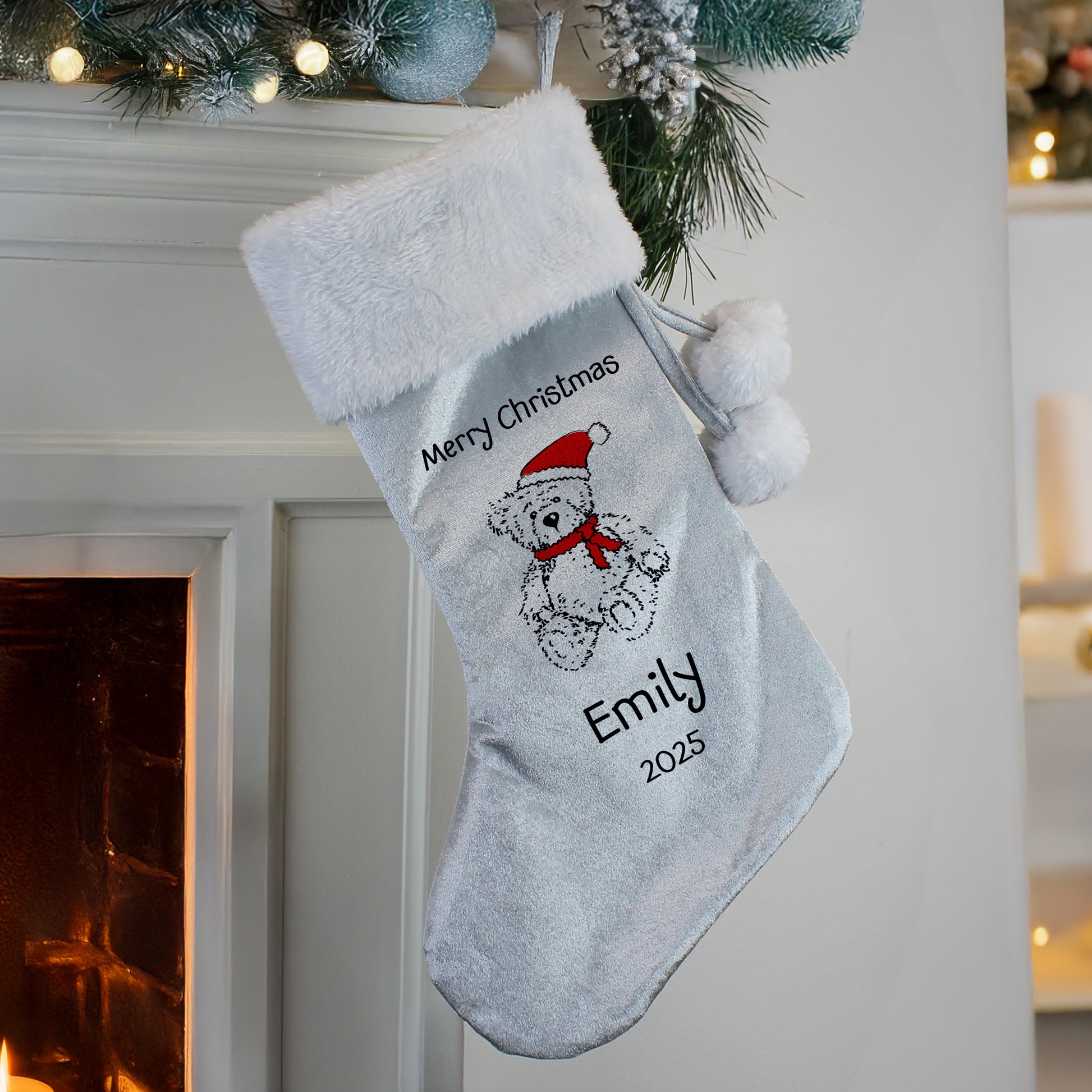 Personalised Christmas Teddy Silver Grey Stocking from Heartfelt Gifts