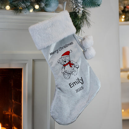 Personalised Christmas Teddy Silver Grey Stocking from Heartfelt Gifts