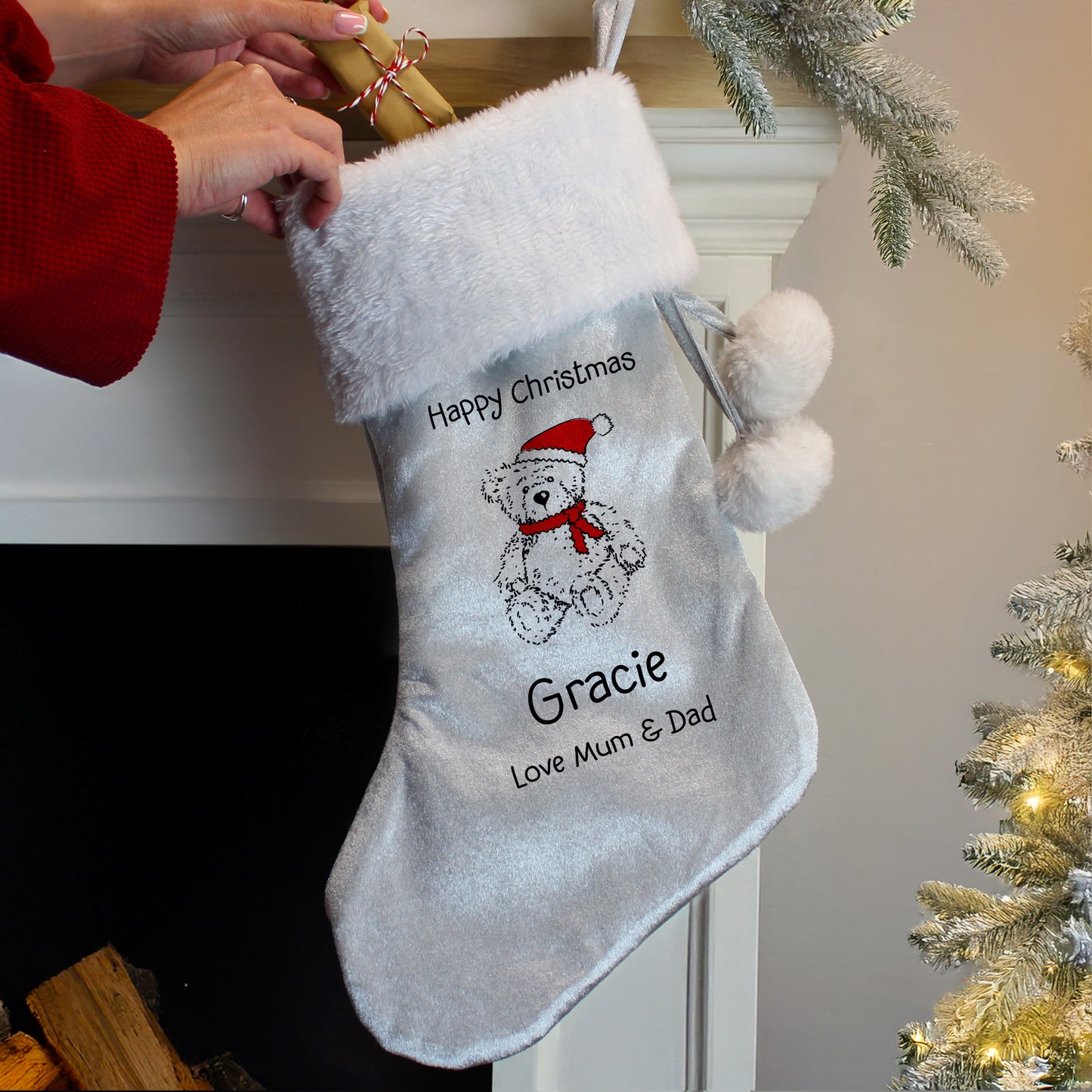 Personalised Christmas Teddy Silver Grey Stocking - image 2