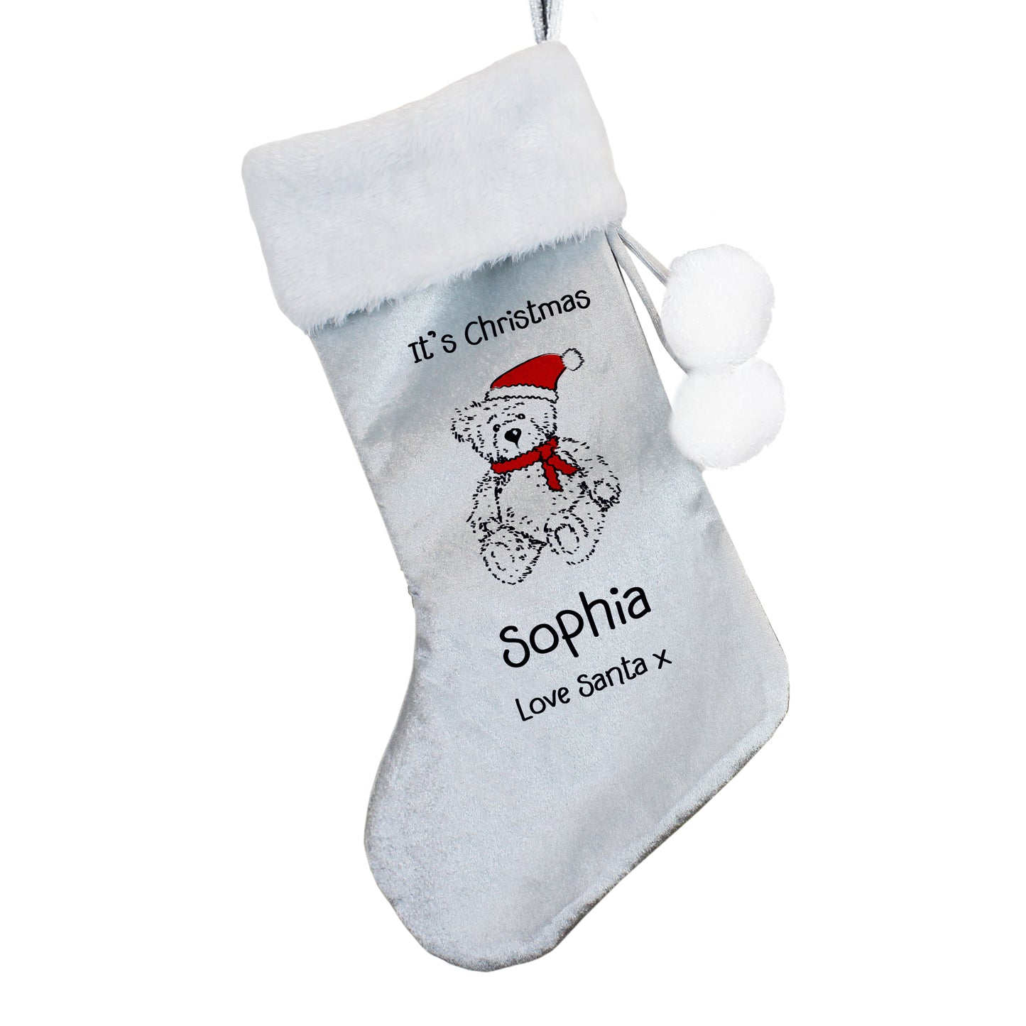 Personalised Christmas Teddy Silver Grey Stocking - image 3