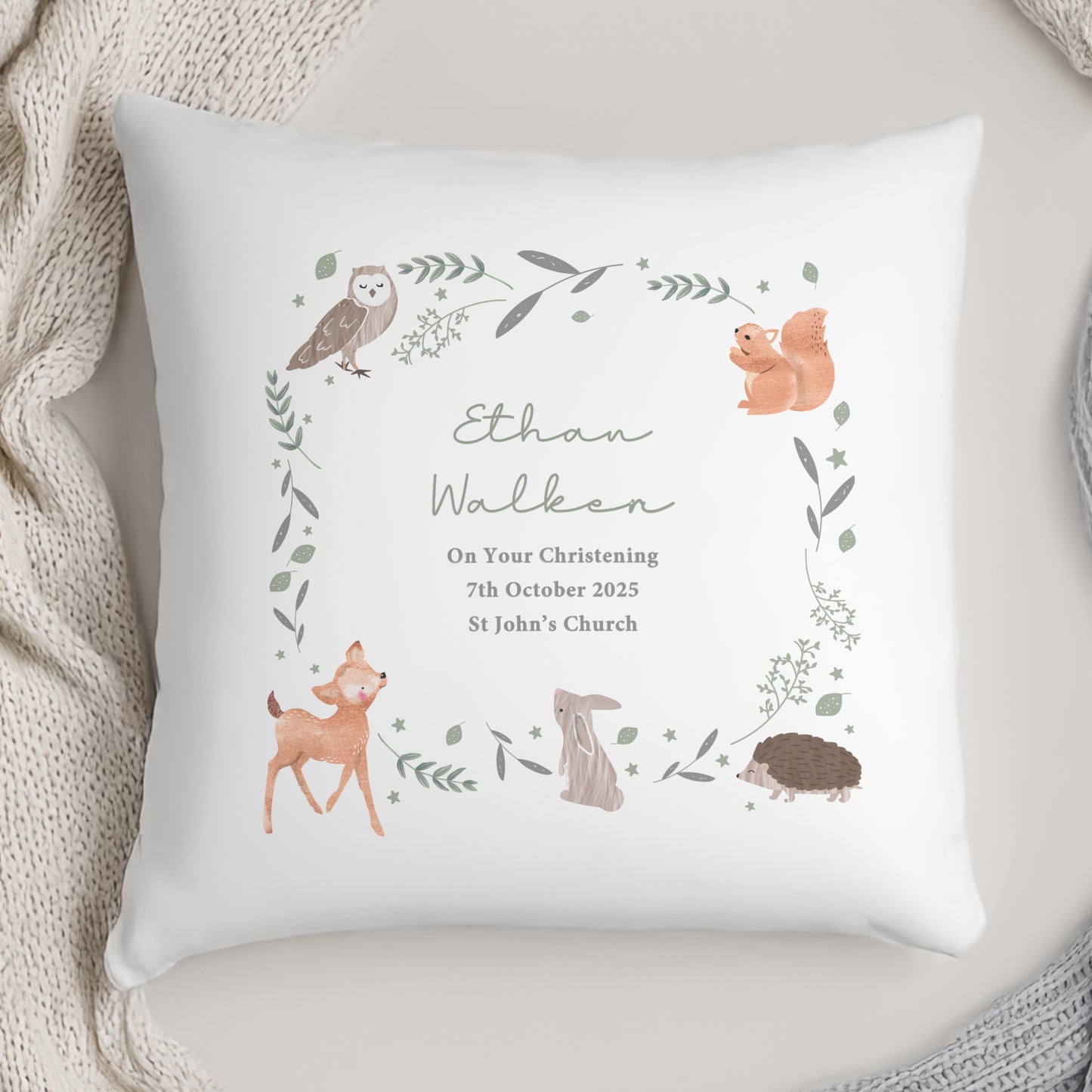 Personalised Woodland Animals Cushion from Heartfelt Gifts