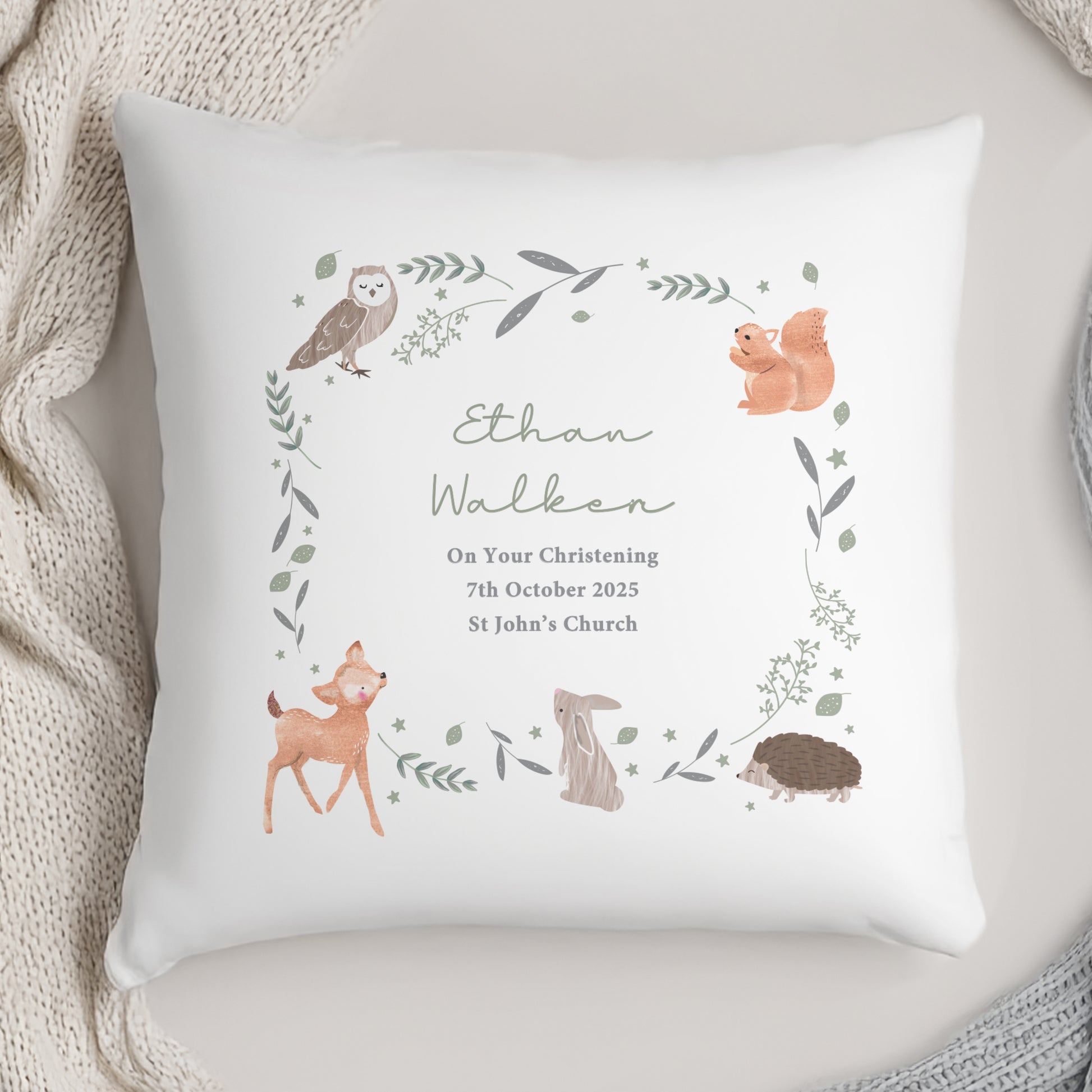 Personalised Woodland Animals Cushion from Heartfelt Gifts