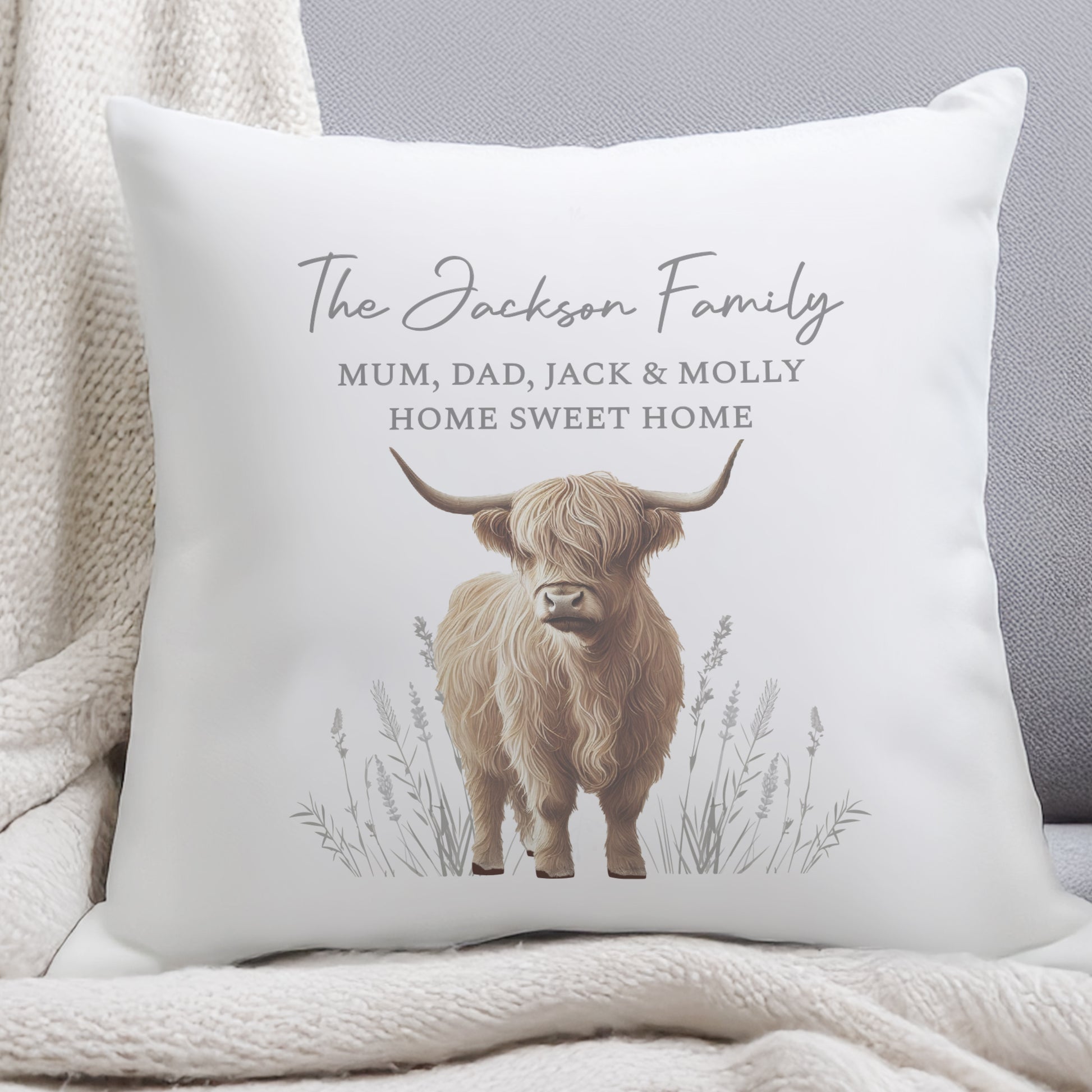 Personalised Highland Cow Cushion – Rustic Home Sofa Gift