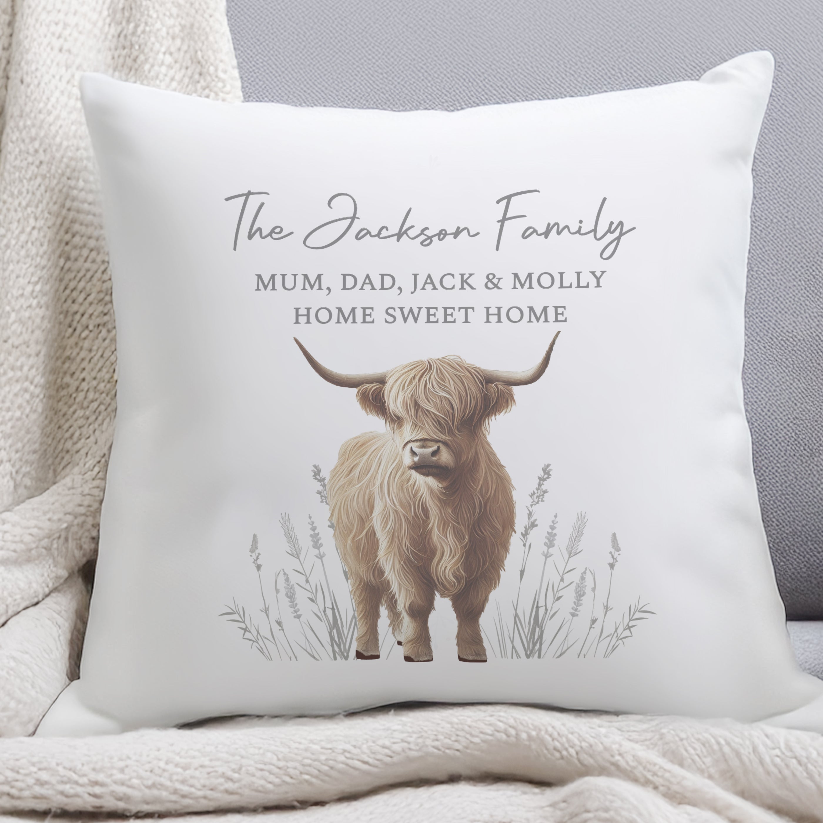 Personalised Highland Cow Cushion – Rustic Home Sofa Gift