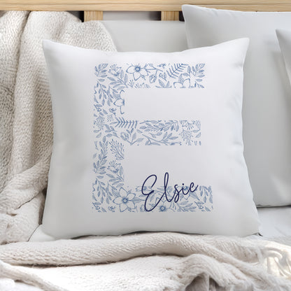Personalised Floral Blue Initial Cushion – Birthday Mother's Day Gift for Her