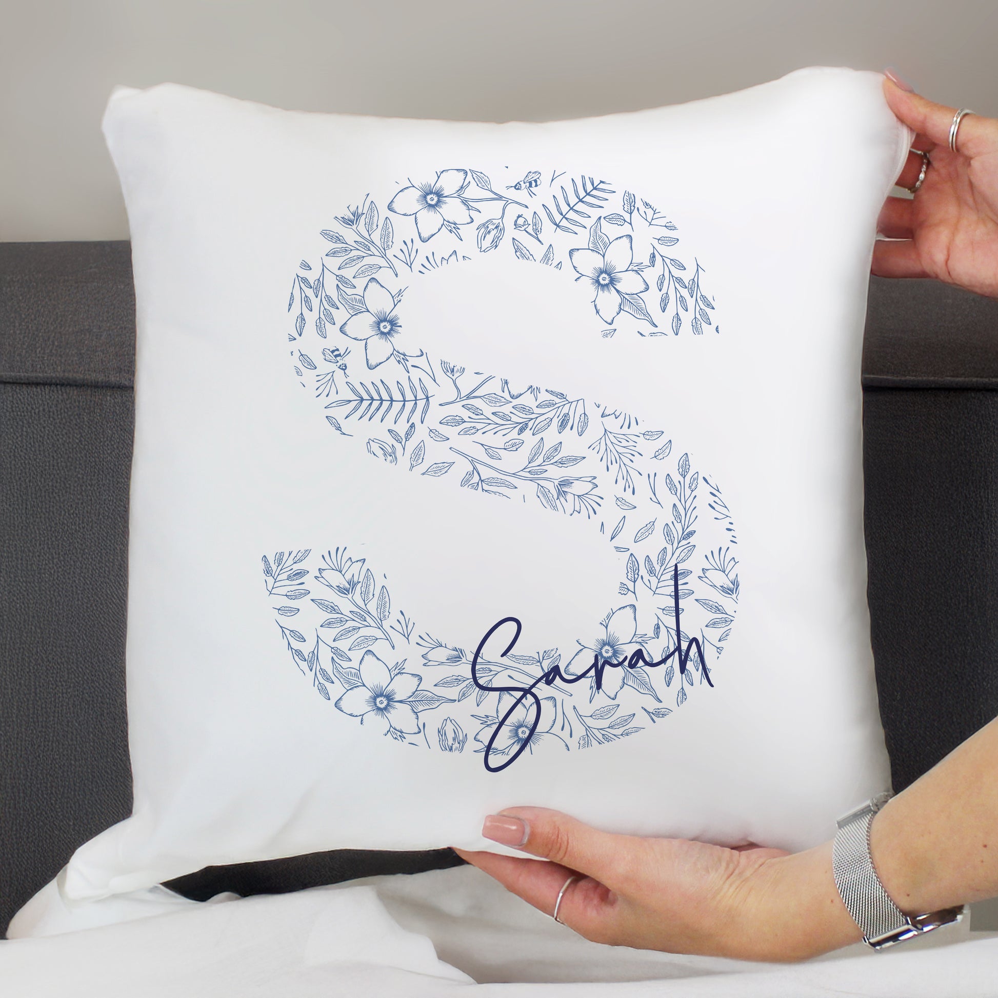 Personalised Floral Blue Initial Cushion – Birthday Mother's Day Gift for Her - image 2