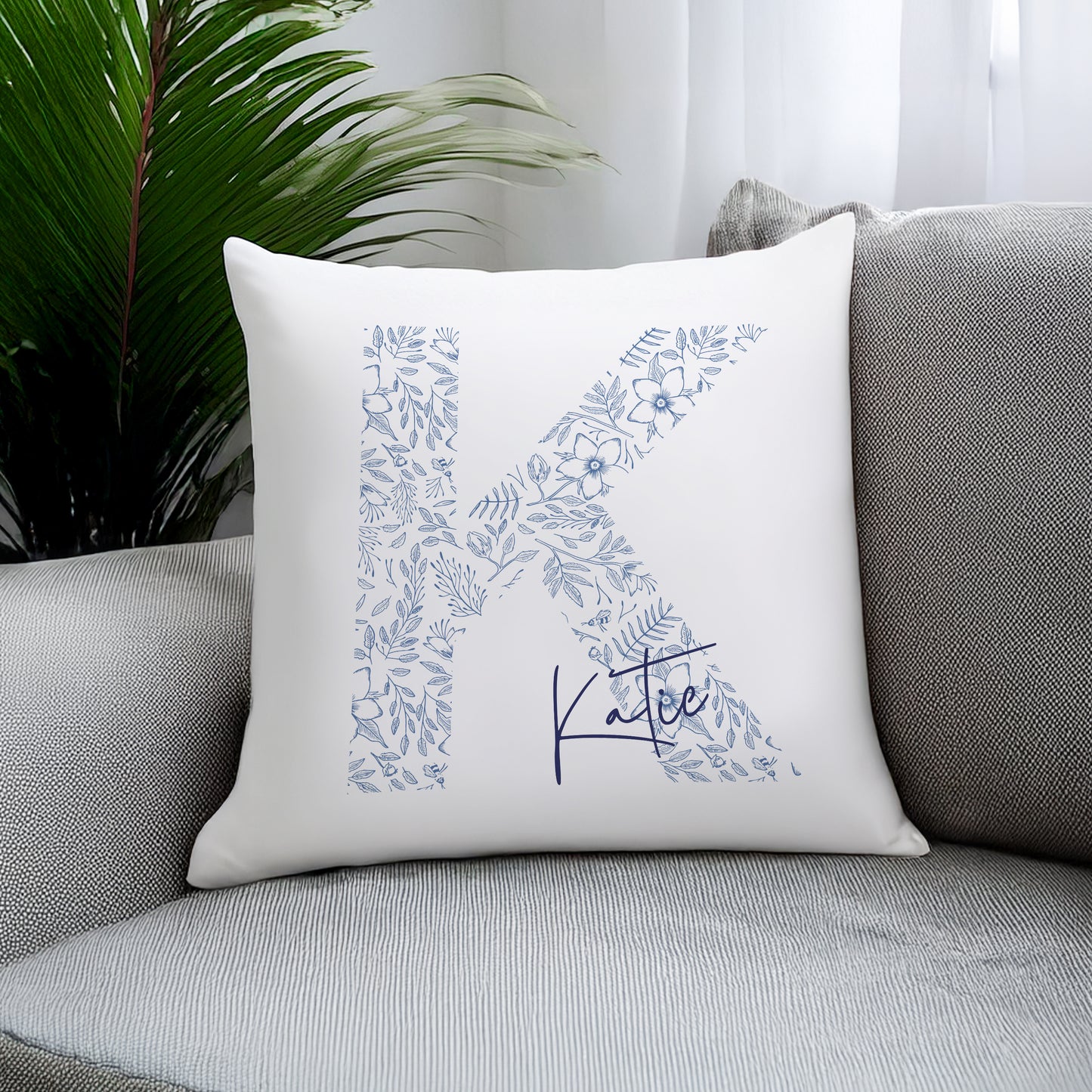 Personalised Floral Blue Initial Cushion – Birthday Mother's Day Gift for Her - image 3