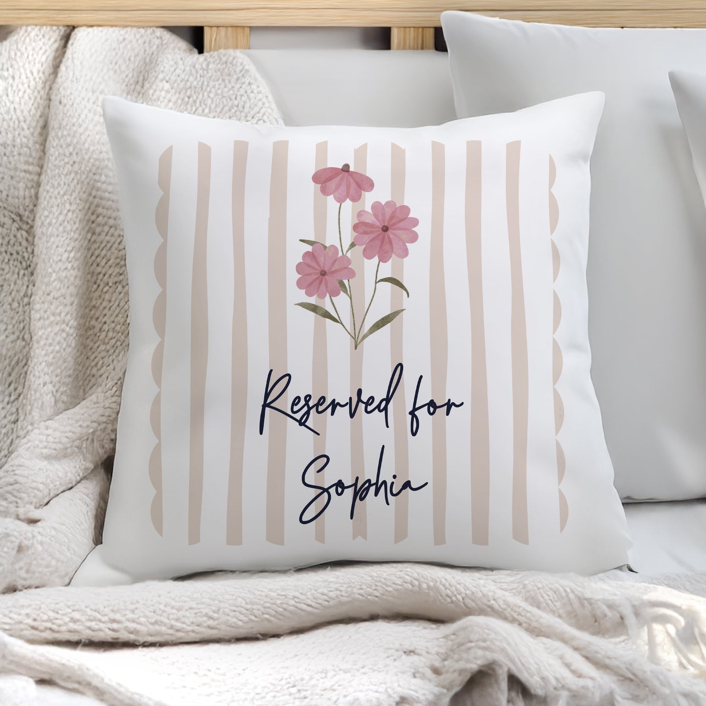 Personalised Floral Stripe Cushion – Birthday Mother's Day Housewarming Gift
