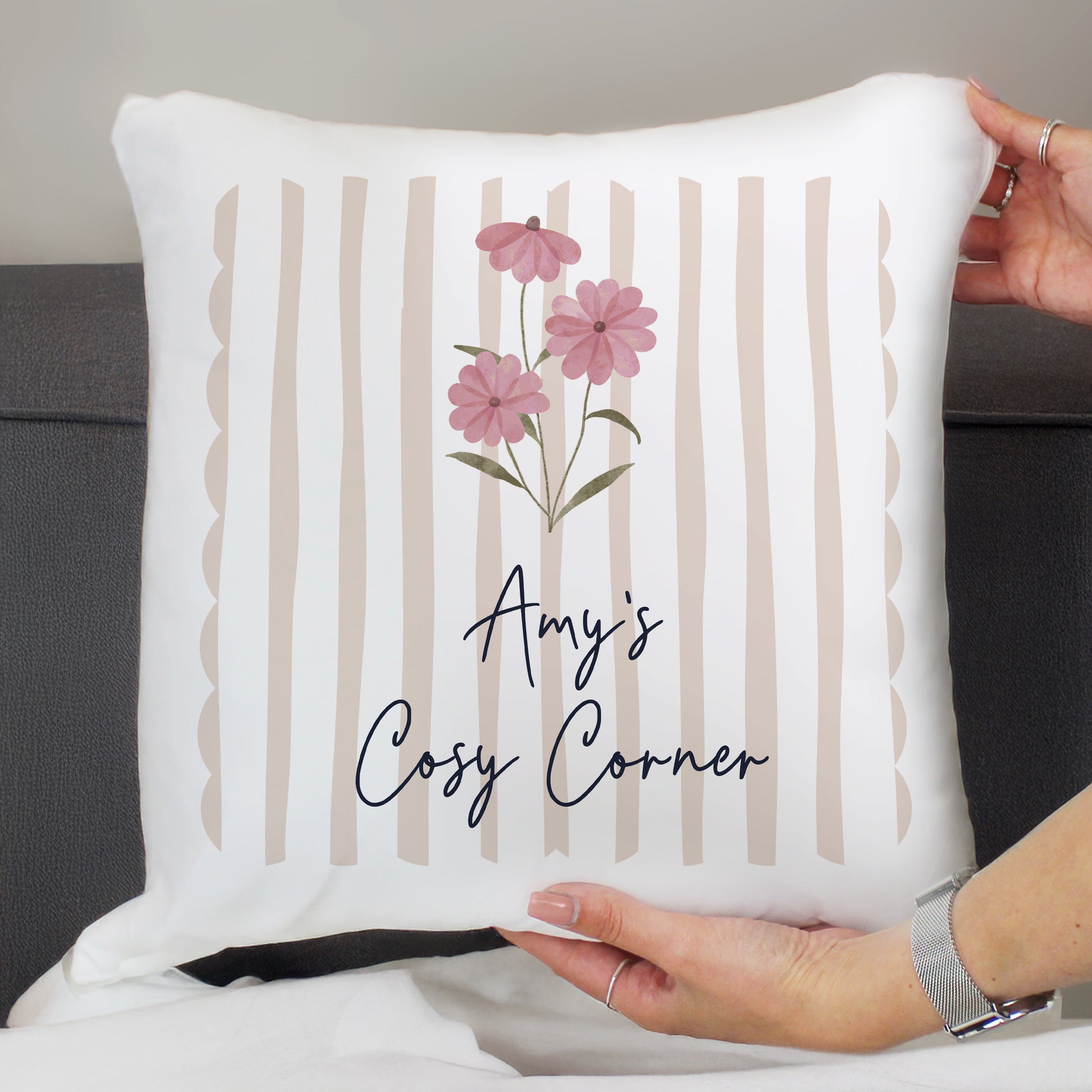 Personalised Floral Stripe Cushion – Birthday Mother's Day Housewarming Gift - image 2