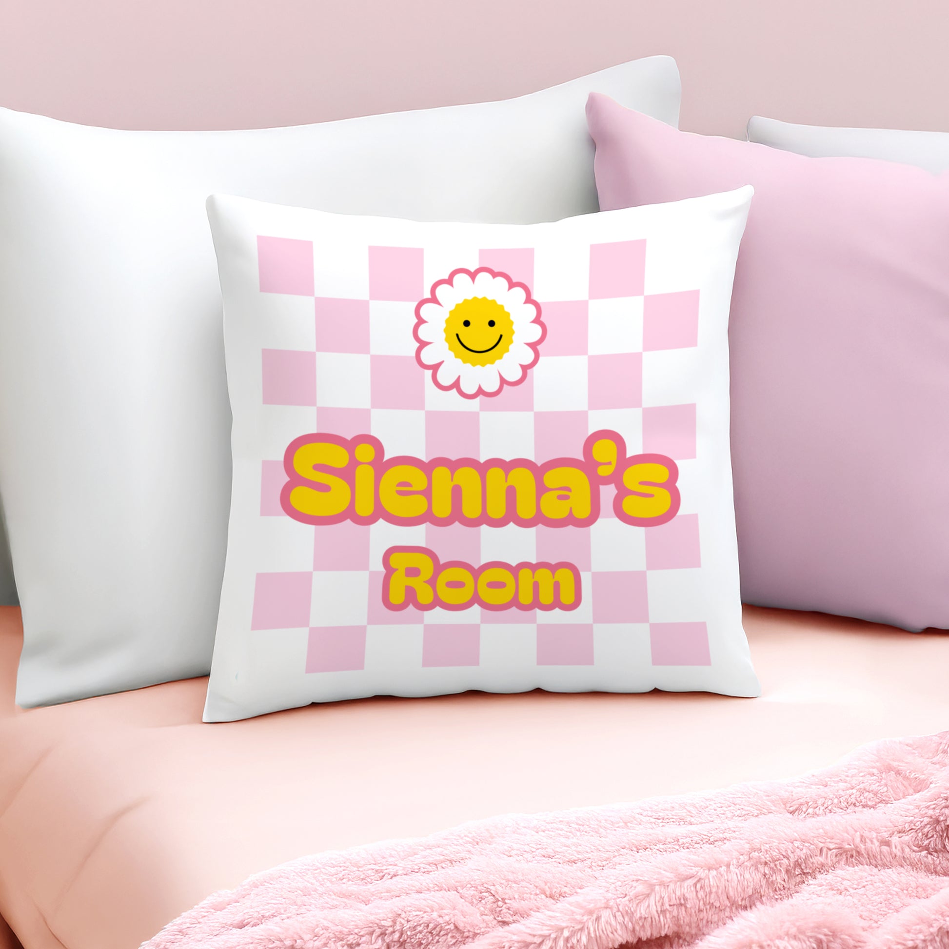 Personalised Pink Check Children's Bedroom Cushion – Birthday Gift for Girls