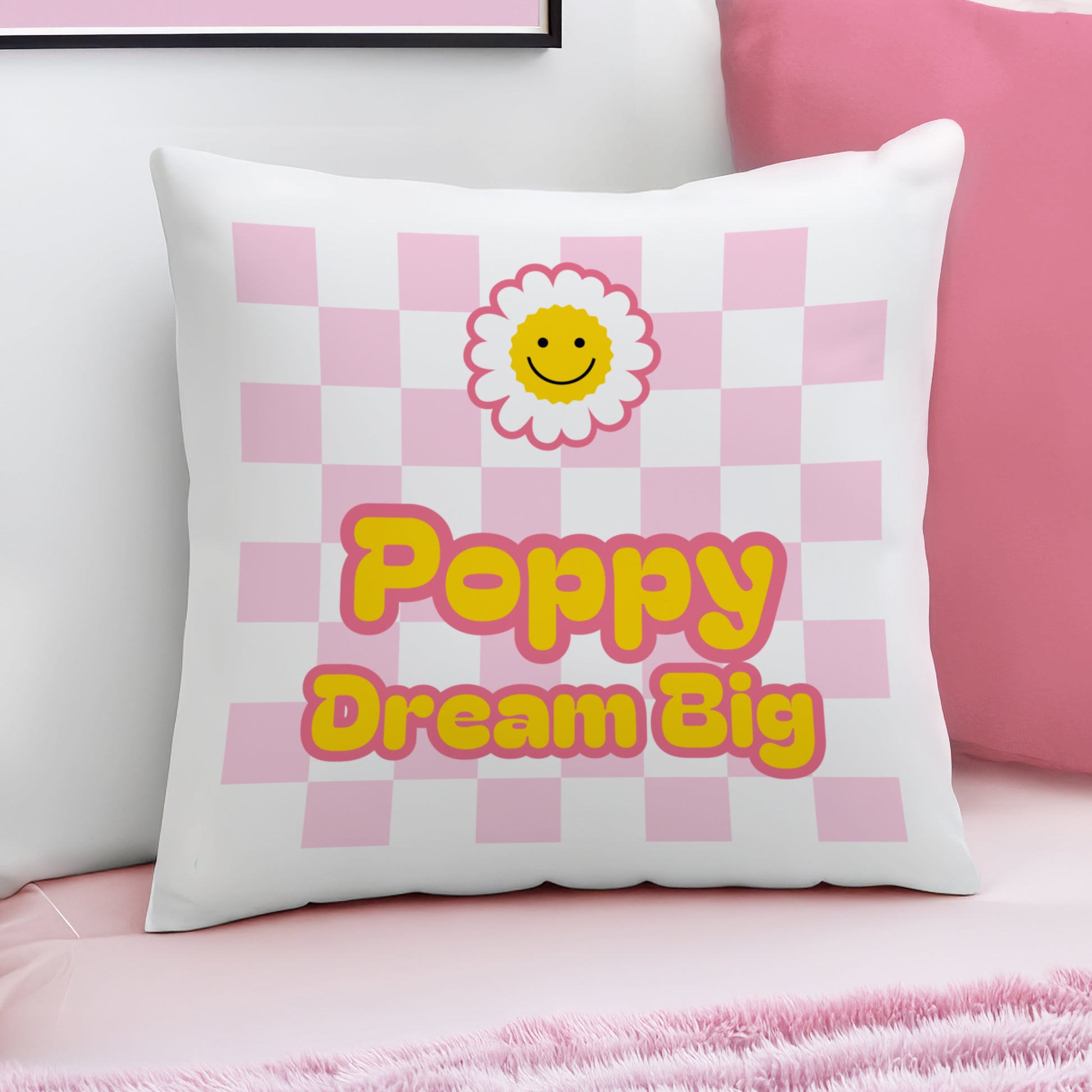 Personalised Pink Check Children's Bedroom Cushion – Birthday Gift for Girls - image 2