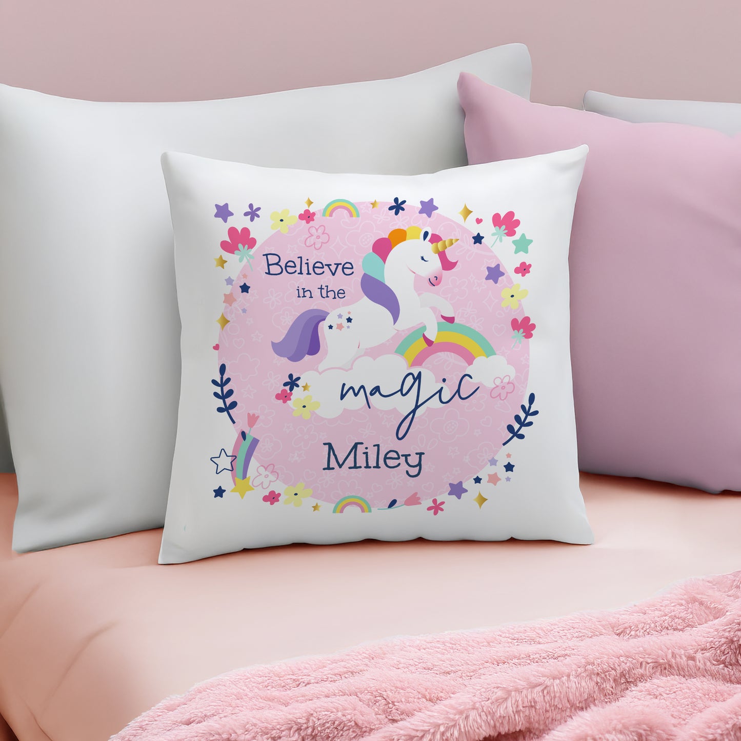 Personalised Pink Unicorn Cushion – Children's Birthday Gift for Girls