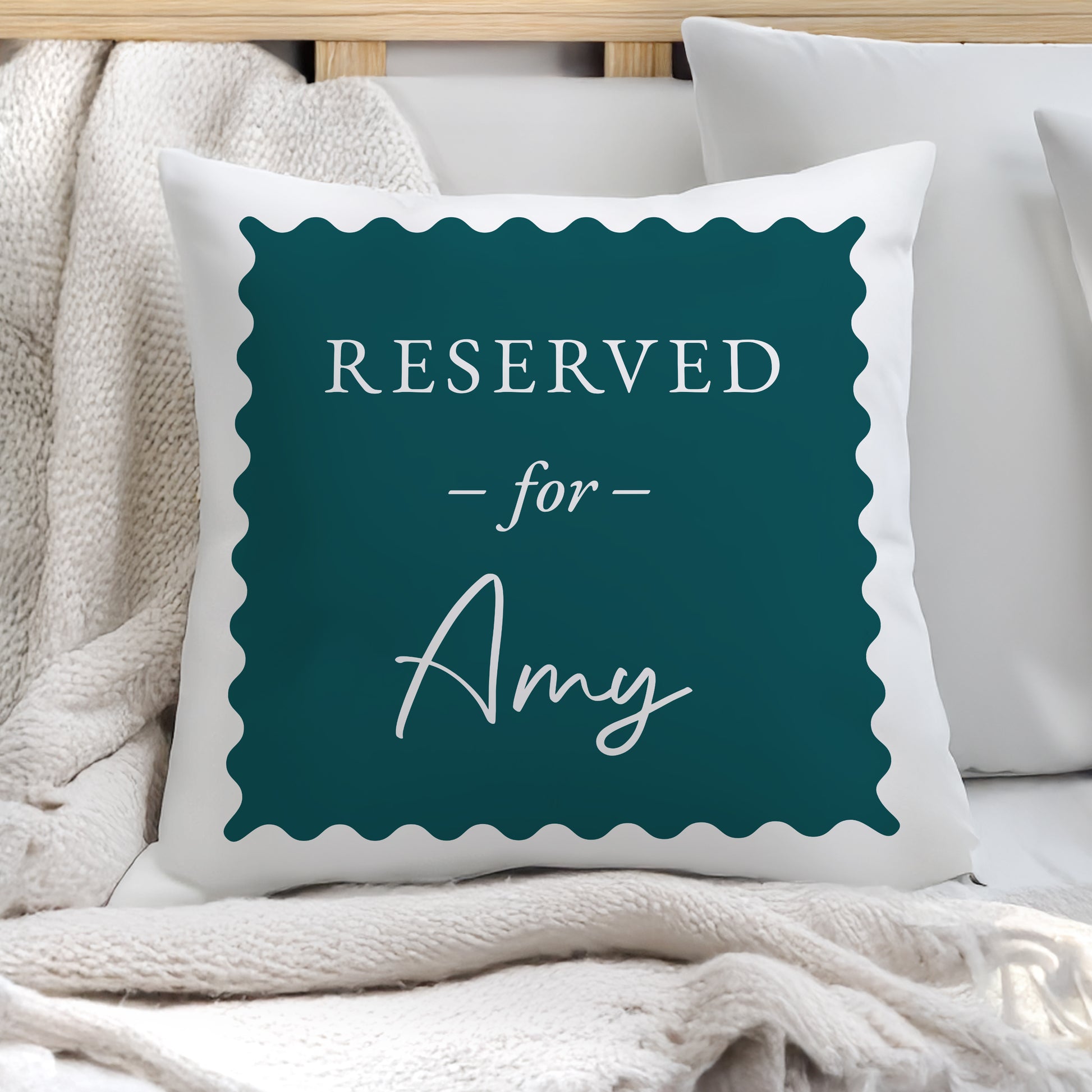 Personalised Deep Teal Reserved For Cushion – Birthday Funny Home Gift