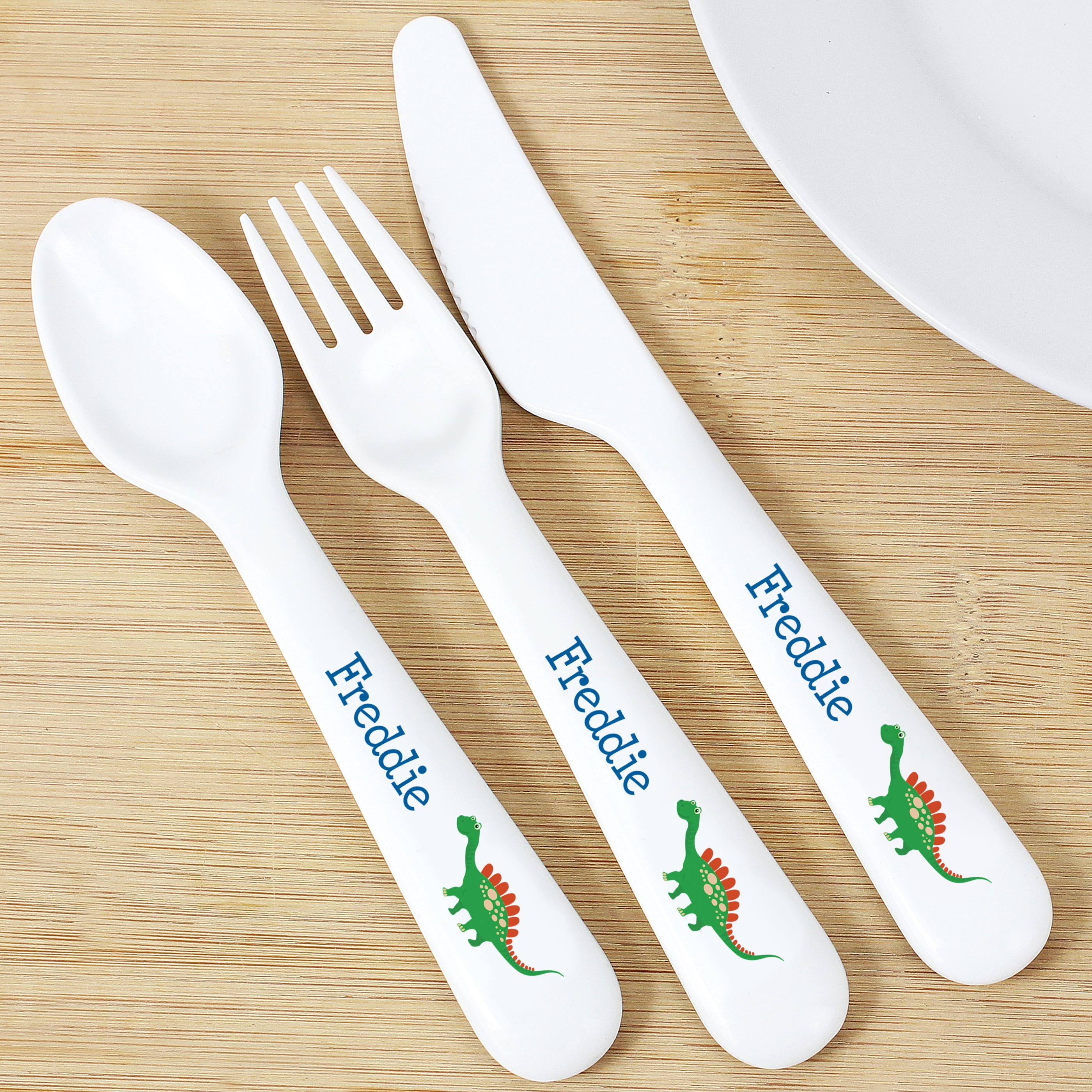 Personalised Dinosaur 3 Piece Plastic Cutlery Set from Heartfelt Gifts