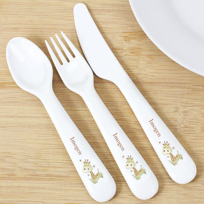 Personalised Hessian Giraffe 3 Piece Plastic Cutlery Set from Heartfelt Gifts