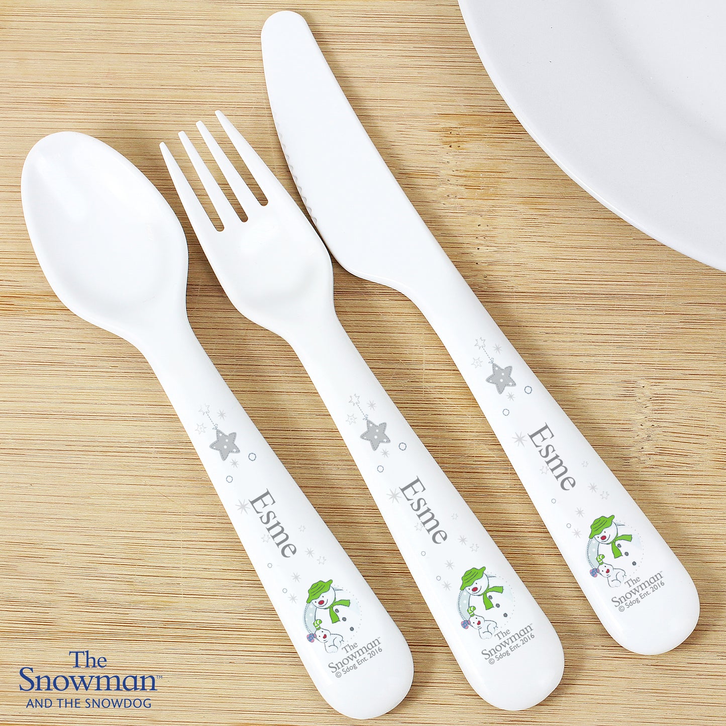 Personalised The Snowman and the Snowdog 3 Piece Plastic Cutlery Set from Heartfelt Gifts