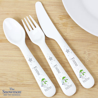 Personalised The Snowman and the Snowdog 3 Piece Plastic Cutlery Set from Heartfelt Gifts