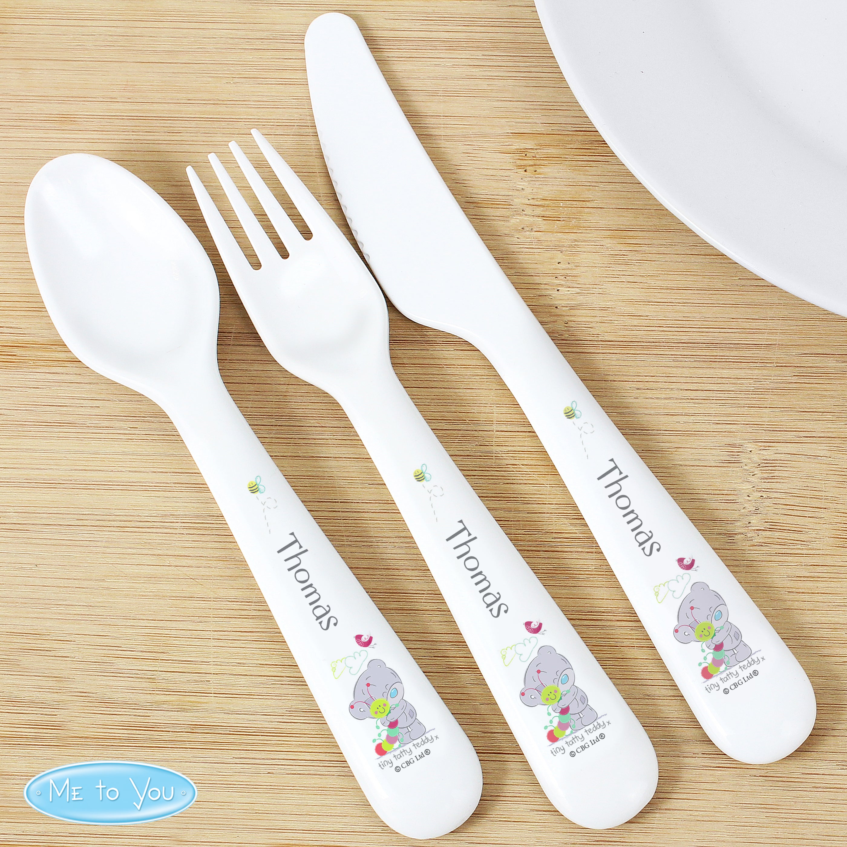 Personalised Tiny Tatty Teddy Cuddle Bug 3 Piece Plastic Cutlery Set from Heartfelt Gifts