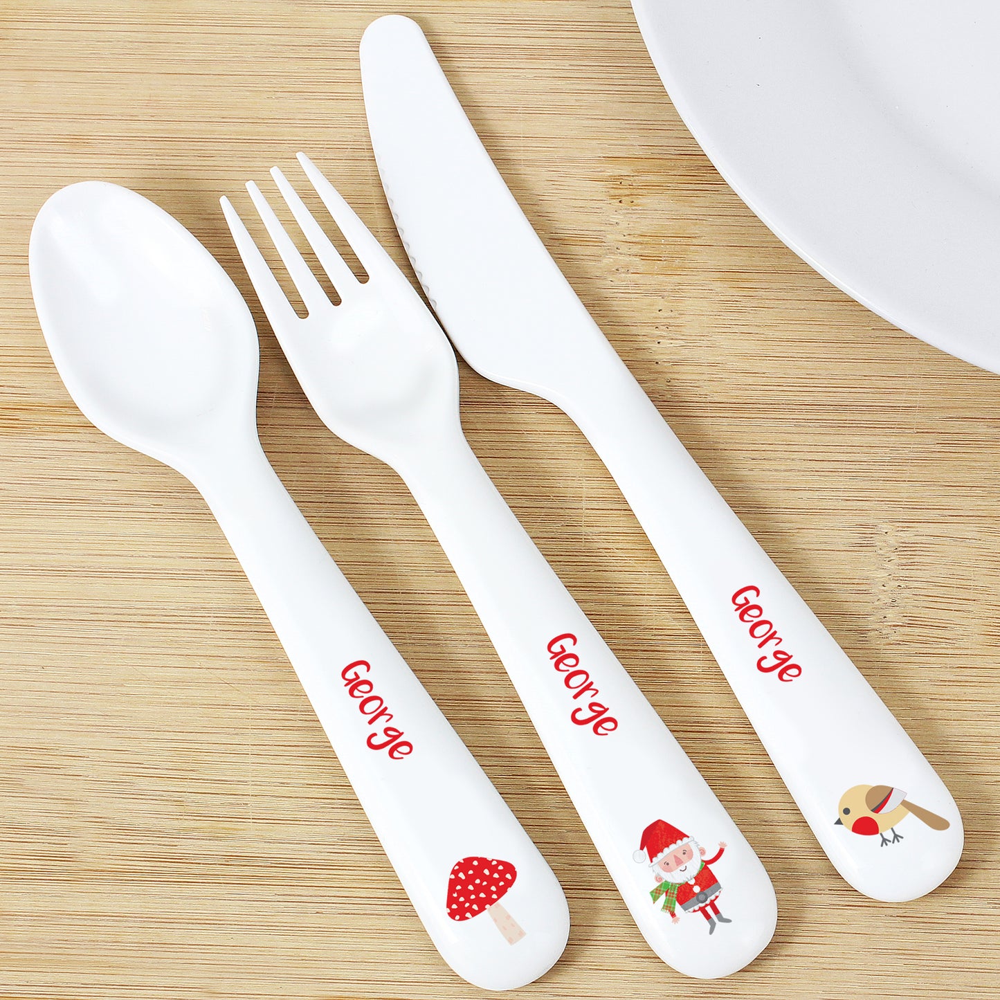 Personalised Christmas Toadstool Santa 3 Piece Plastic Cutlery Set from Heartfelt Gifts
