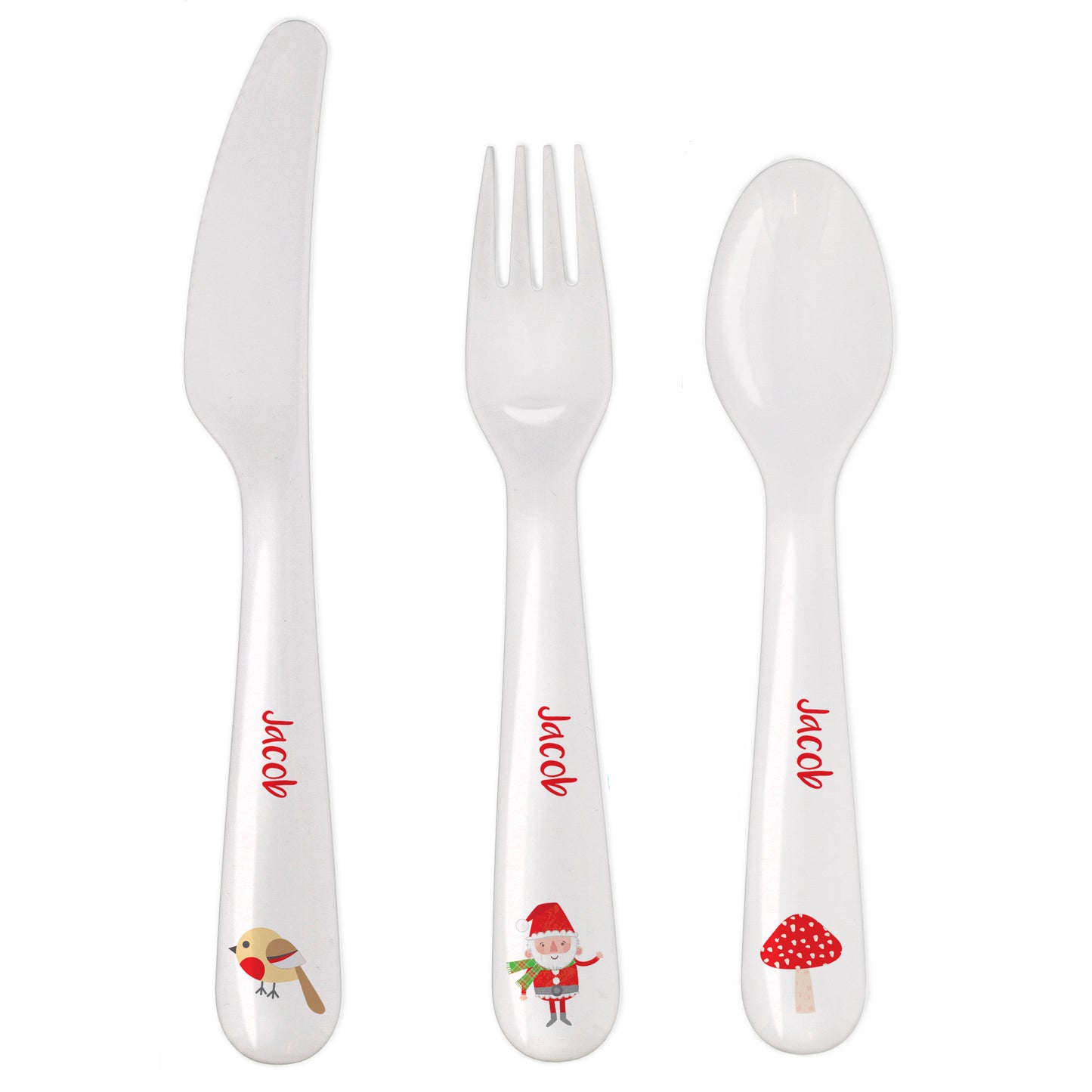 Personalised Christmas Toadstool Santa 3 Piece Plastic Cutlery Set - image 2