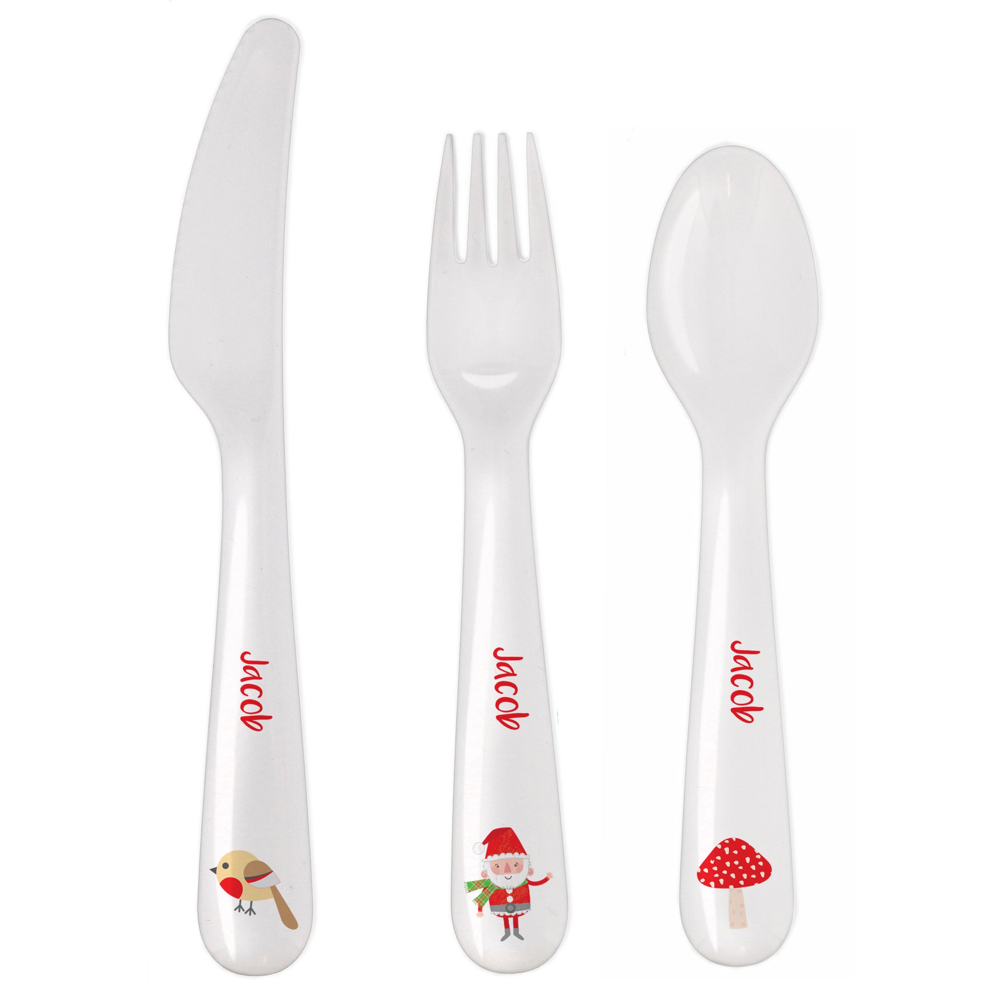 Personalised Christmas Toadstool Santa 3 Piece Plastic Cutlery Set - image 2