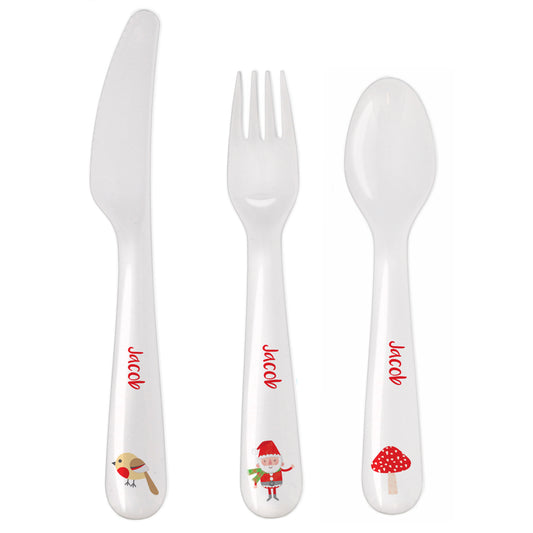 Personalised Christmas Toadstool Santa 3 Piece Plastic Cutlery Set - image 2