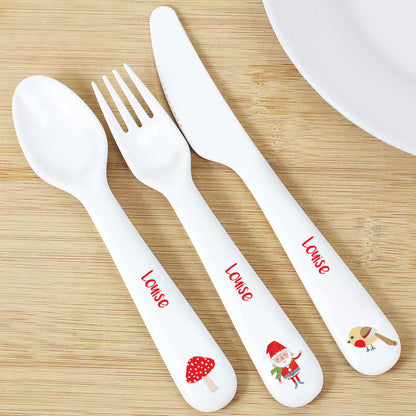Personalised Christmas Toadstool Santa 3 Piece Plastic Cutlery Set - image 3
