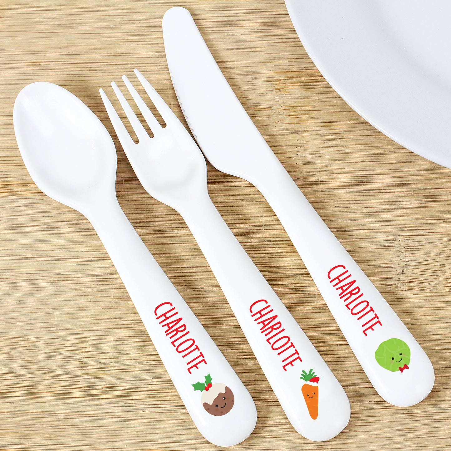 Personalised 'First Christmas Dinner' 3 Piece Plastic Cutlery Set from Heartfelt Gifts