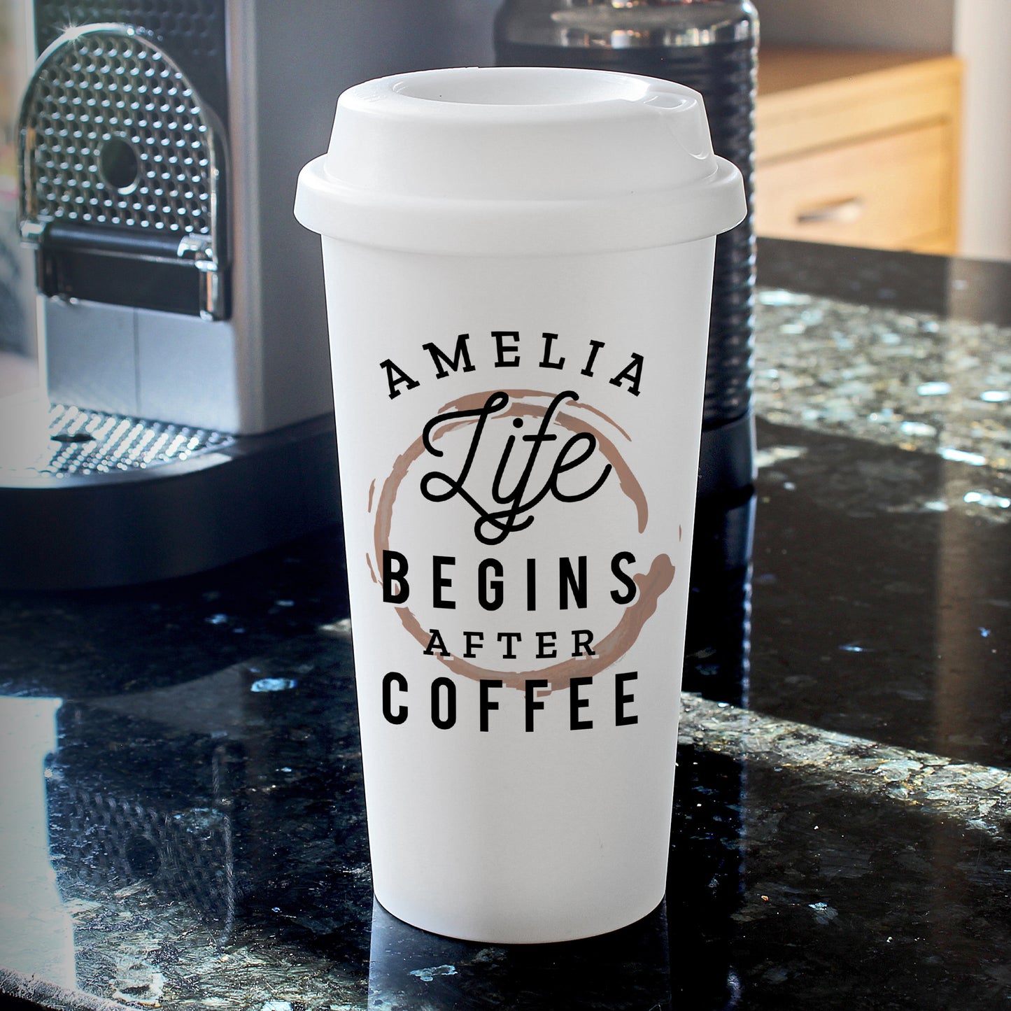 Personalised 'Life Begins After Coffee' Insulated Reusable Eco Travel Cup from Heartfelt Gifts