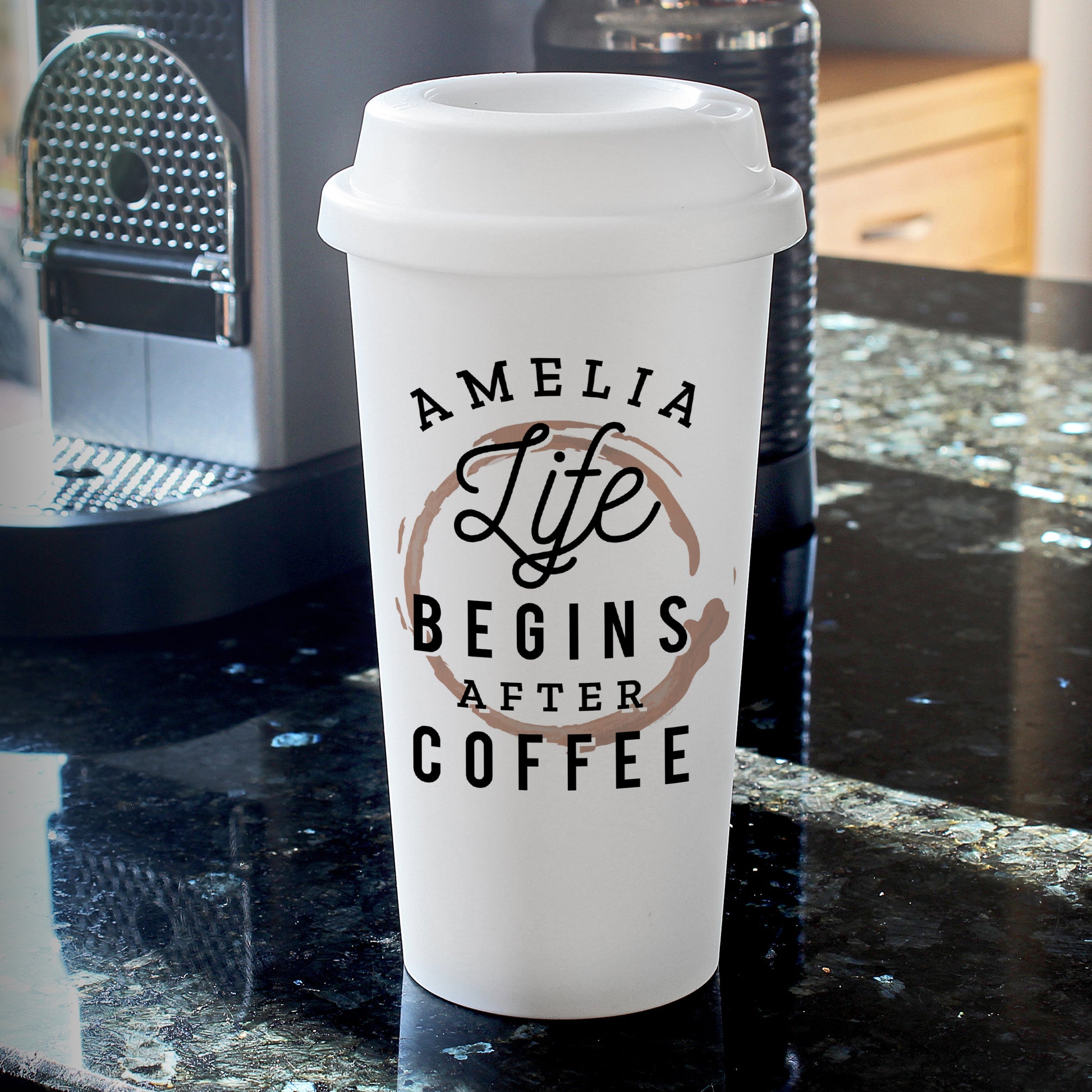 Personalised 'Life Begins After Coffee' Insulated Reusable Eco Travel Cup from Heartfelt Gifts