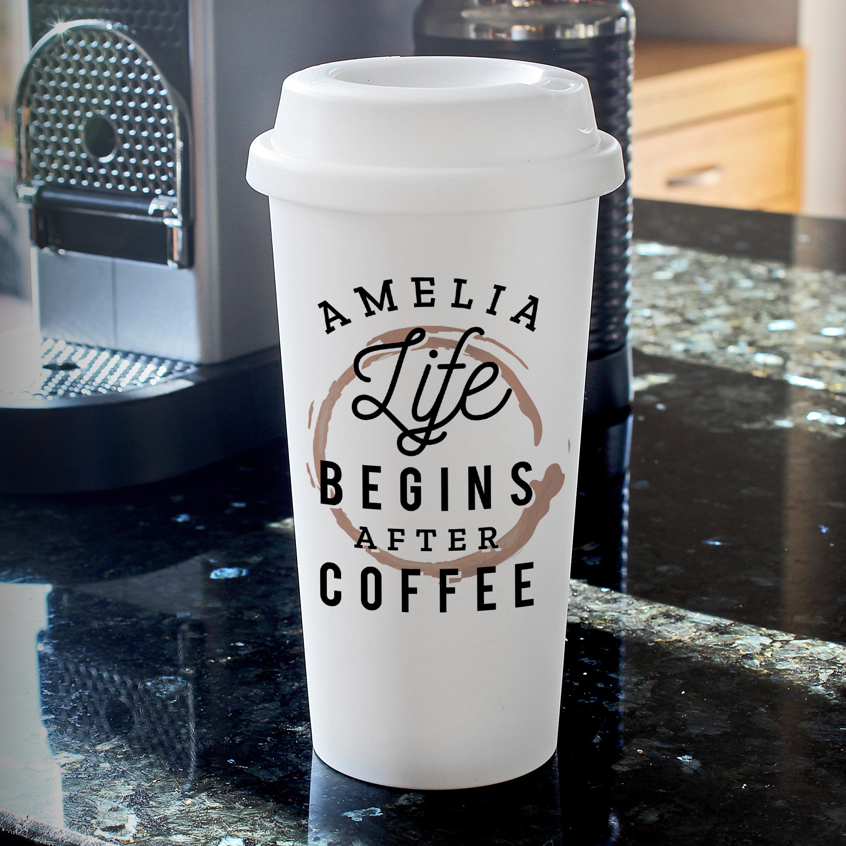 Personalised 'Life Begins After Coffee' Insulated Reusable Eco Travel Cup from Heartfelt Gifts
