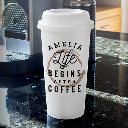 Personalised 'Life Begins After Coffee' Insulated Reusable Eco Travel Cup from Heartfelt Gifts