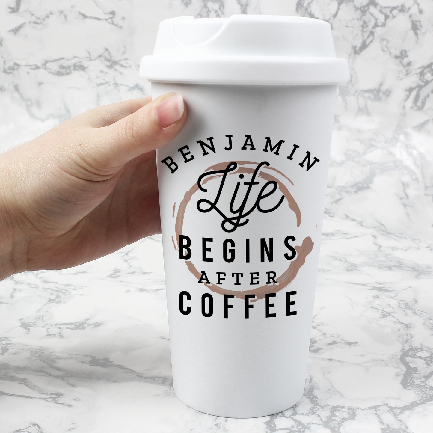 Personalised 'Life Begins After Coffee' Insulated Reusable Eco Travel Cup - image 3