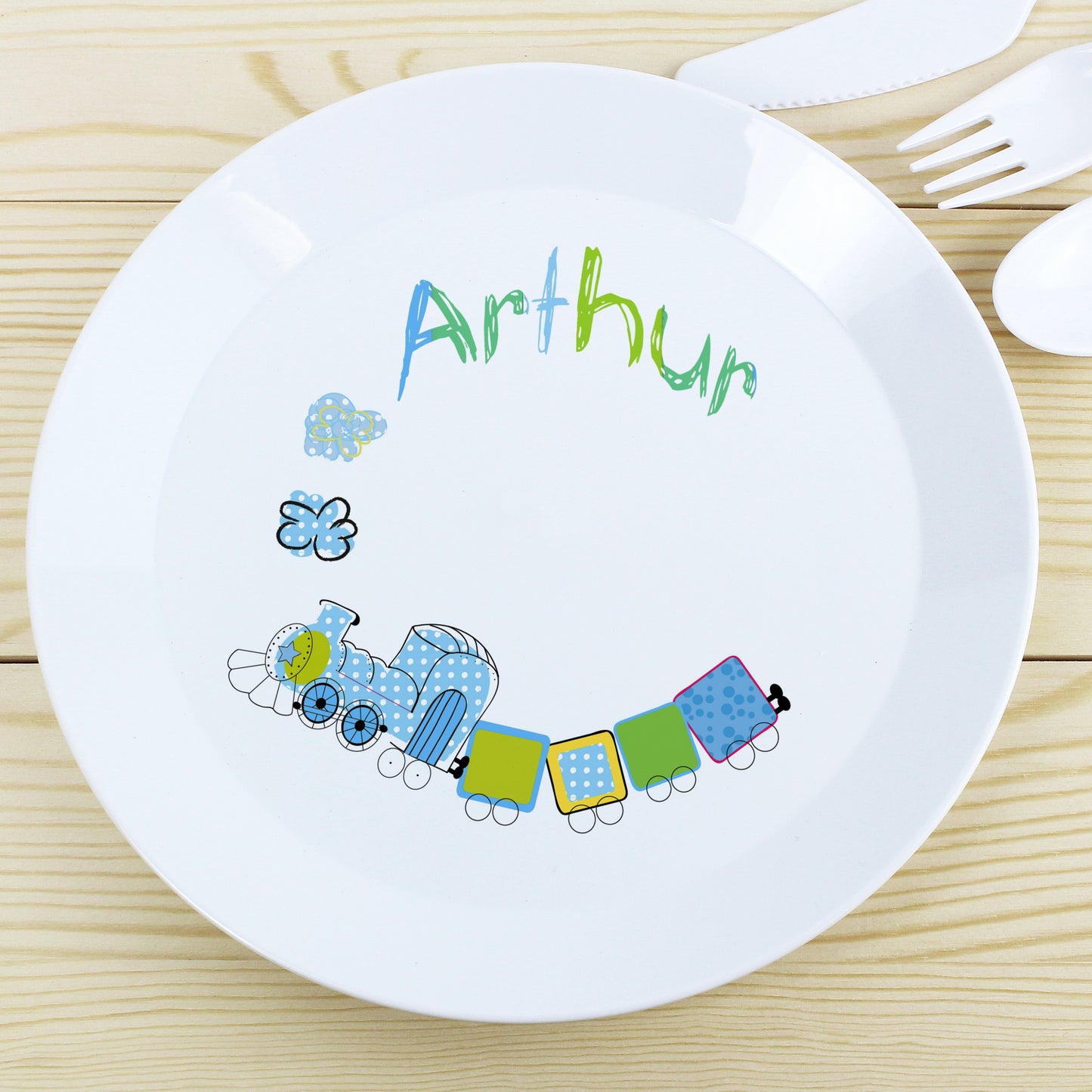 Personalised Patchwork Train Plastic Plate from Heartfelt Gifts