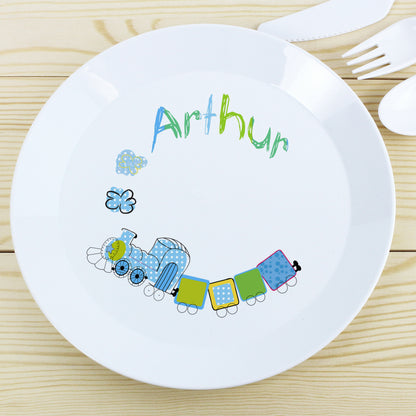 Personalised Patchwork Train Plastic Plate from Heartfelt Gifts